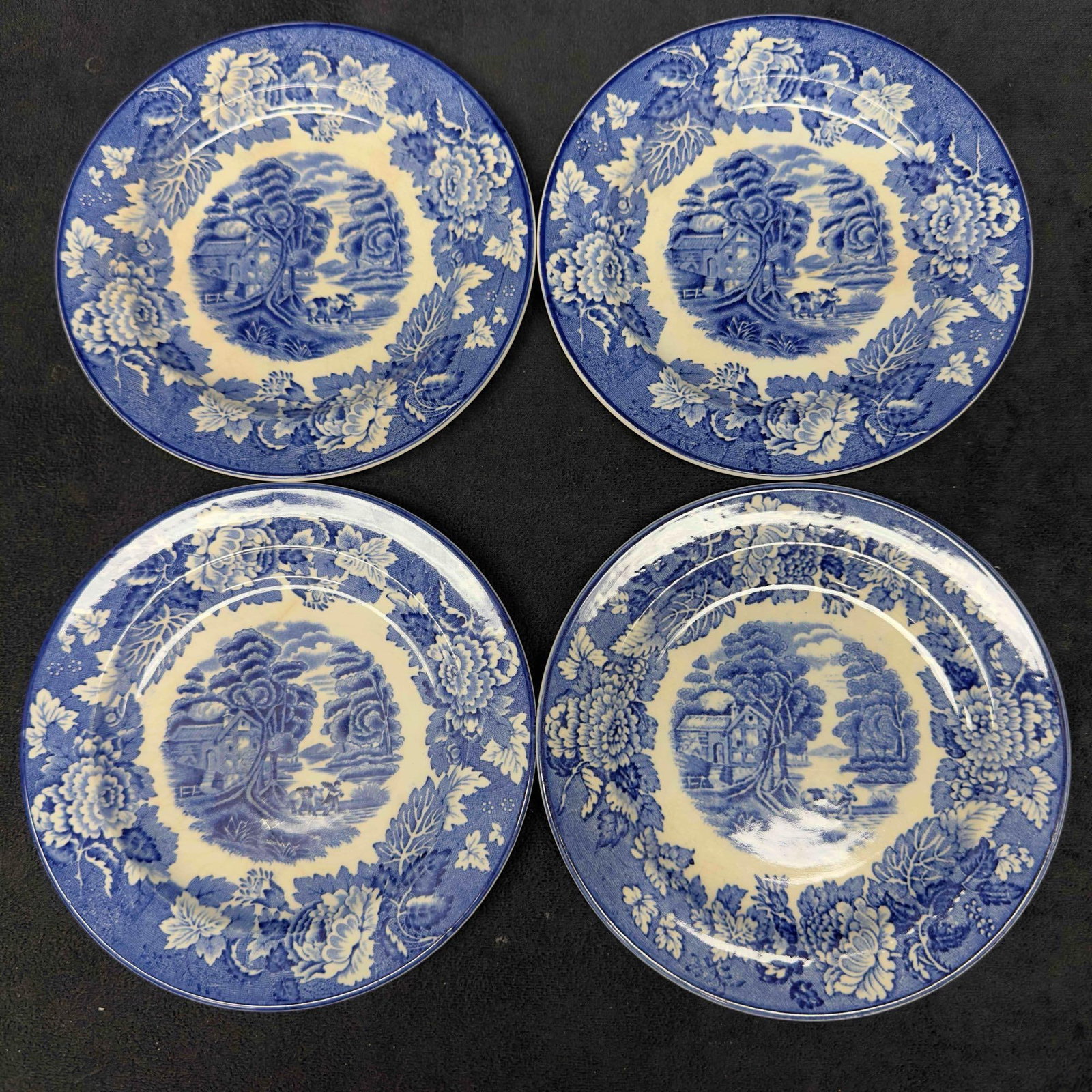 Enoch Woods English Scenery Woods Wart Blue Plate Set Wood and Sons England: Enoch Woods English Scenery Woods Wart Blue Plate Set Wood and Sons England. Includes four (4) small plates. These items are in good pre-owned, previously displayed condition with light wear, and