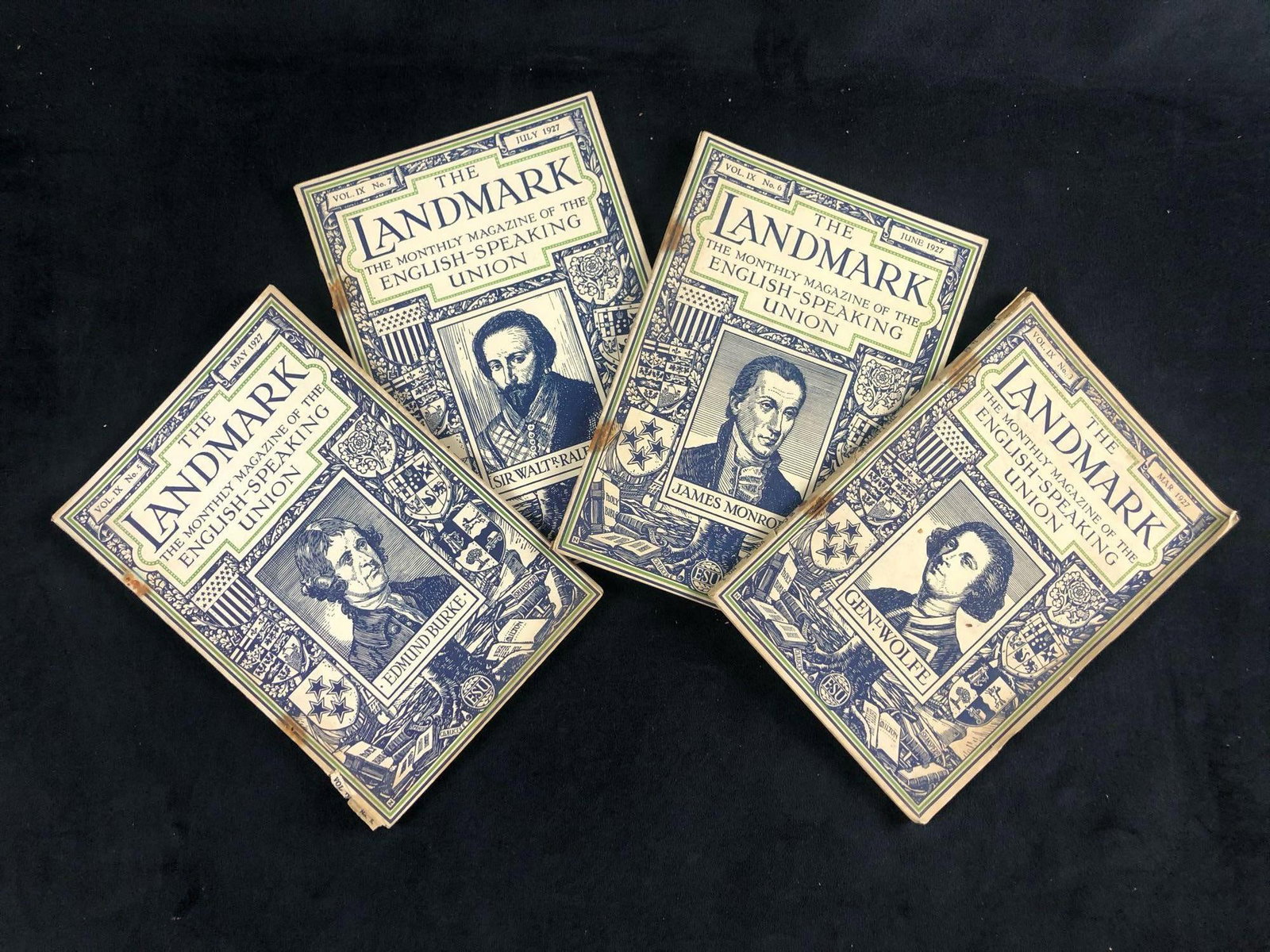 Lot Of 4 Vintage Landmark Monthly Magazine English Speaking Union 1927 Wolfe Monroe Burke Raleigh: Lot Of 4 Vintage Landmark Monthly Magazine English Speaking Union 1927 Wolfe Monroe Burke Raleigh March, May, June, July are the four Landmark monthly magazine featured in this listing. The Landmark