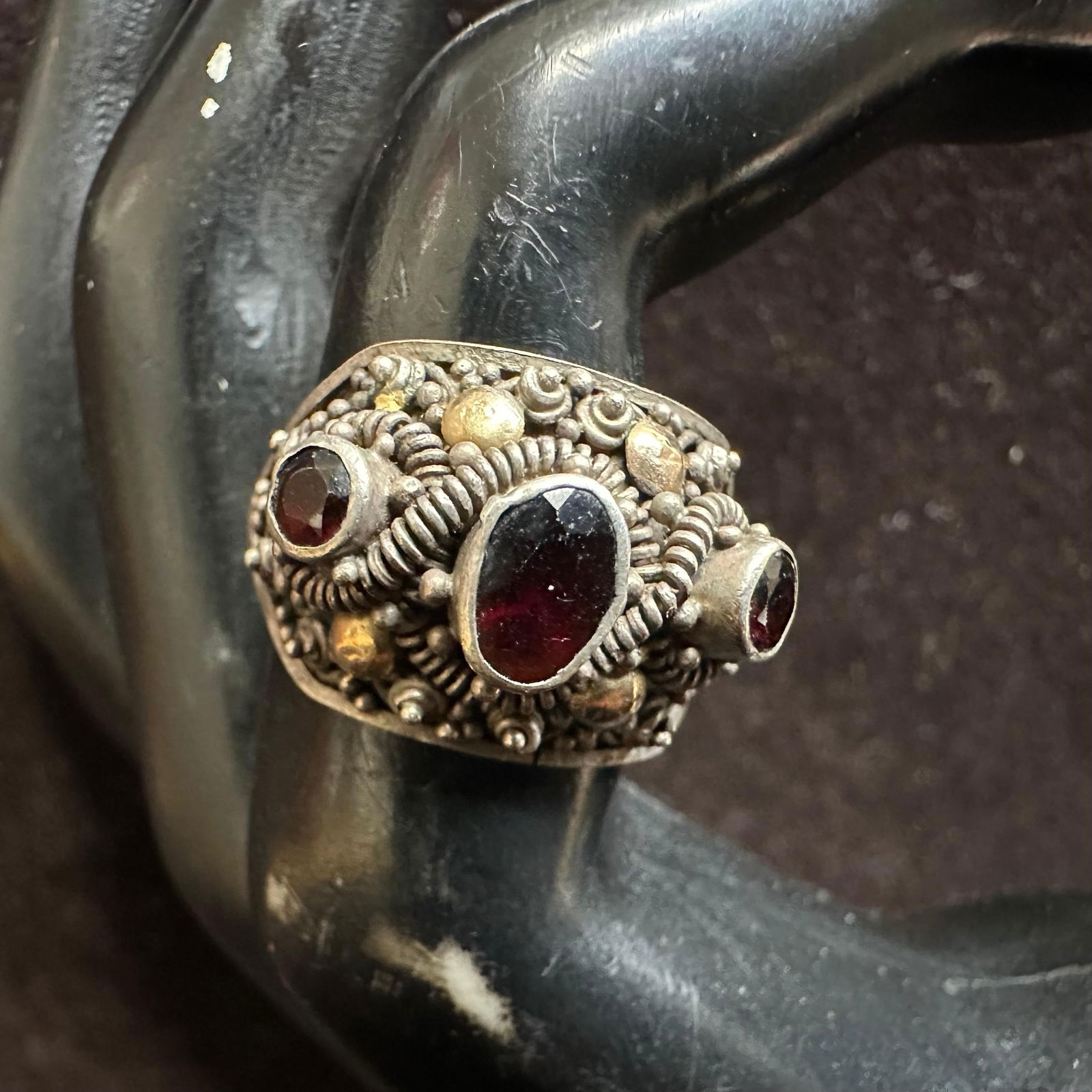 Three Red Garnet Stone Setting 925 Sterling Silver Ring: This item is in good pre-owned, previously used/displayed condition with noticeable light wear and surface scratches. Please reference all photos for full details. This piece of jewelry has been teste