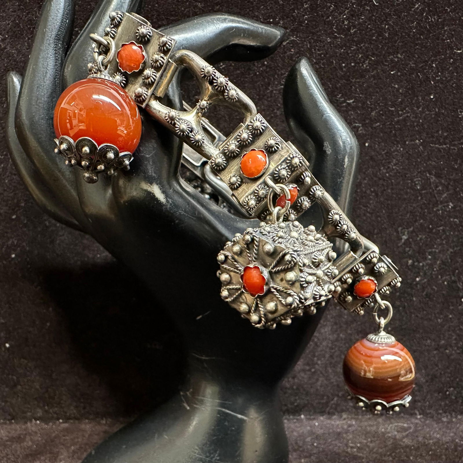 Carnelian Coral Quartz and Spiny Oyster Stone Fob Charm 800 Silver Bracelet O13: This item is in good pre-owned, previously used/displayed condition with noticeable light wear and surface scratches. Please reference all photos for full details. This piece of jewelry has been teste