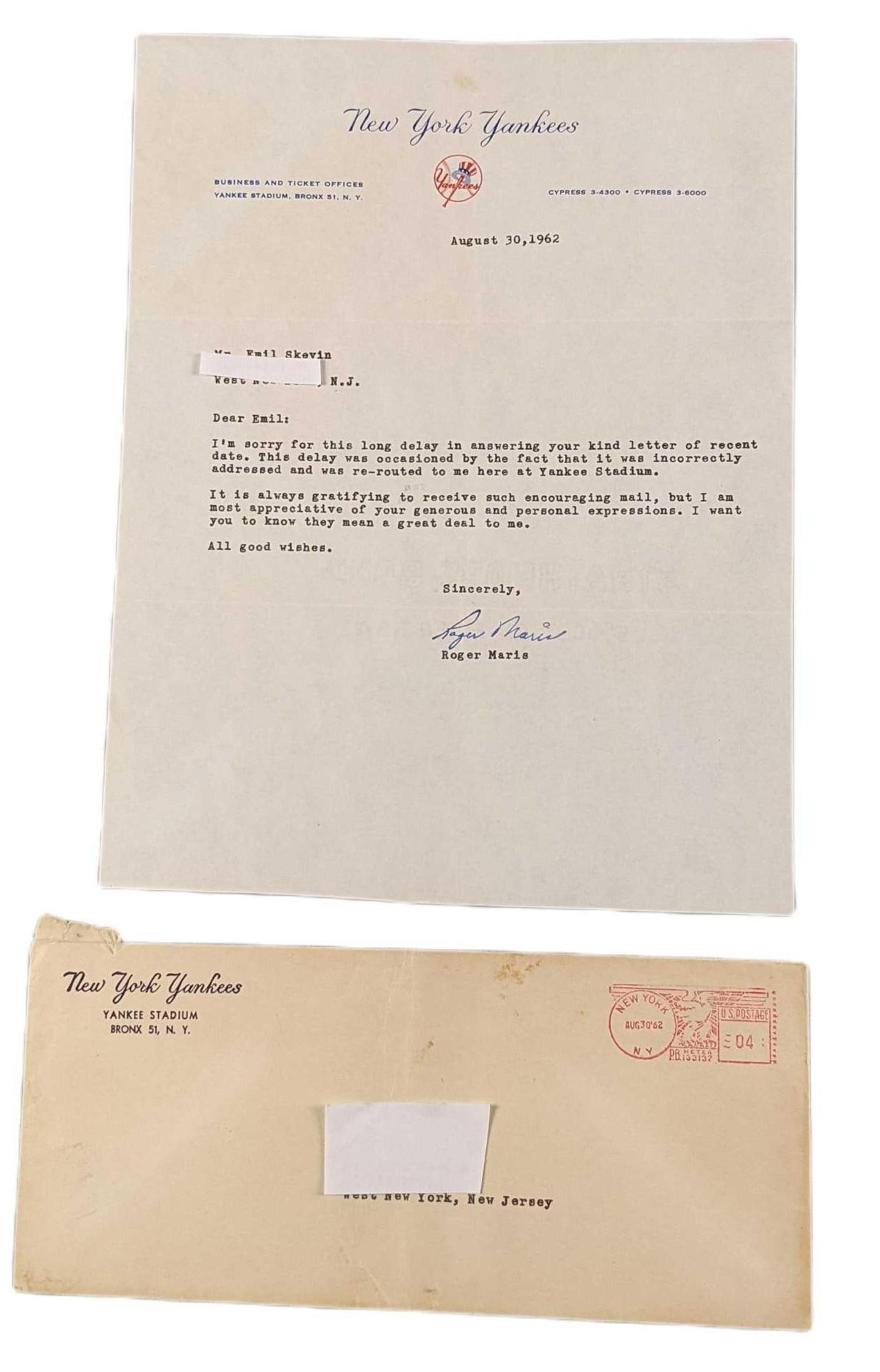1962 Yankees Roger Maris Autographed Letter: Autographed letter from August 30, 1962. The letter was autographed by Roger Maris. The letter is approx 9" x 11" and the envelope is approx 9 1/2" x 4". Together they weigh under one