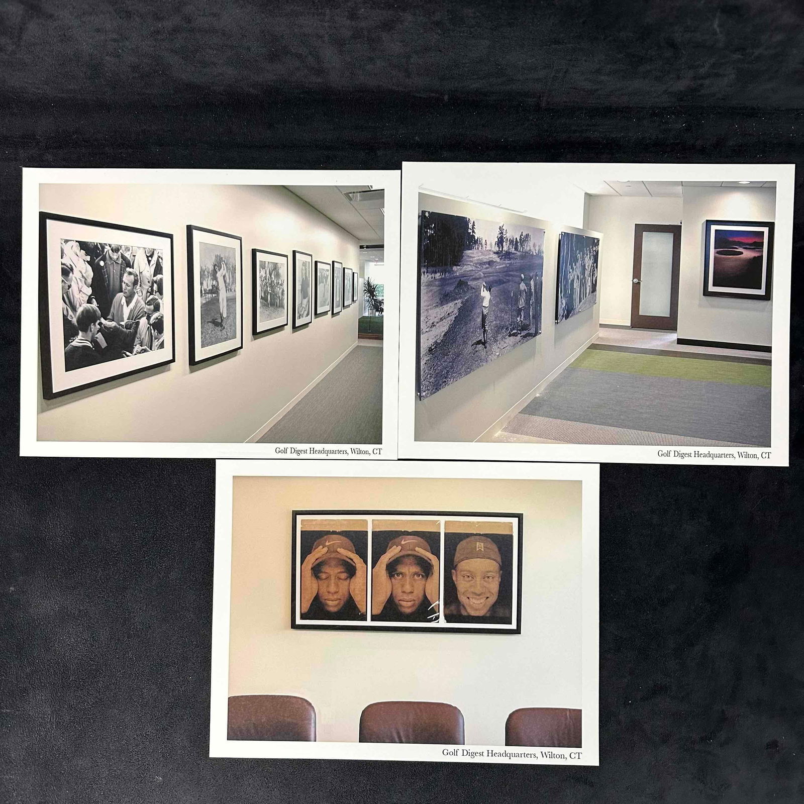 Golf Digest Headquarters Hallway Color Photography Prints Set of Three: Set of three photographic color prints showcasing iconic golf imagery displayed at the Golf Digest Headquarters in Wilton, Connecticut. Each print captures a different view of the office’s celebrate