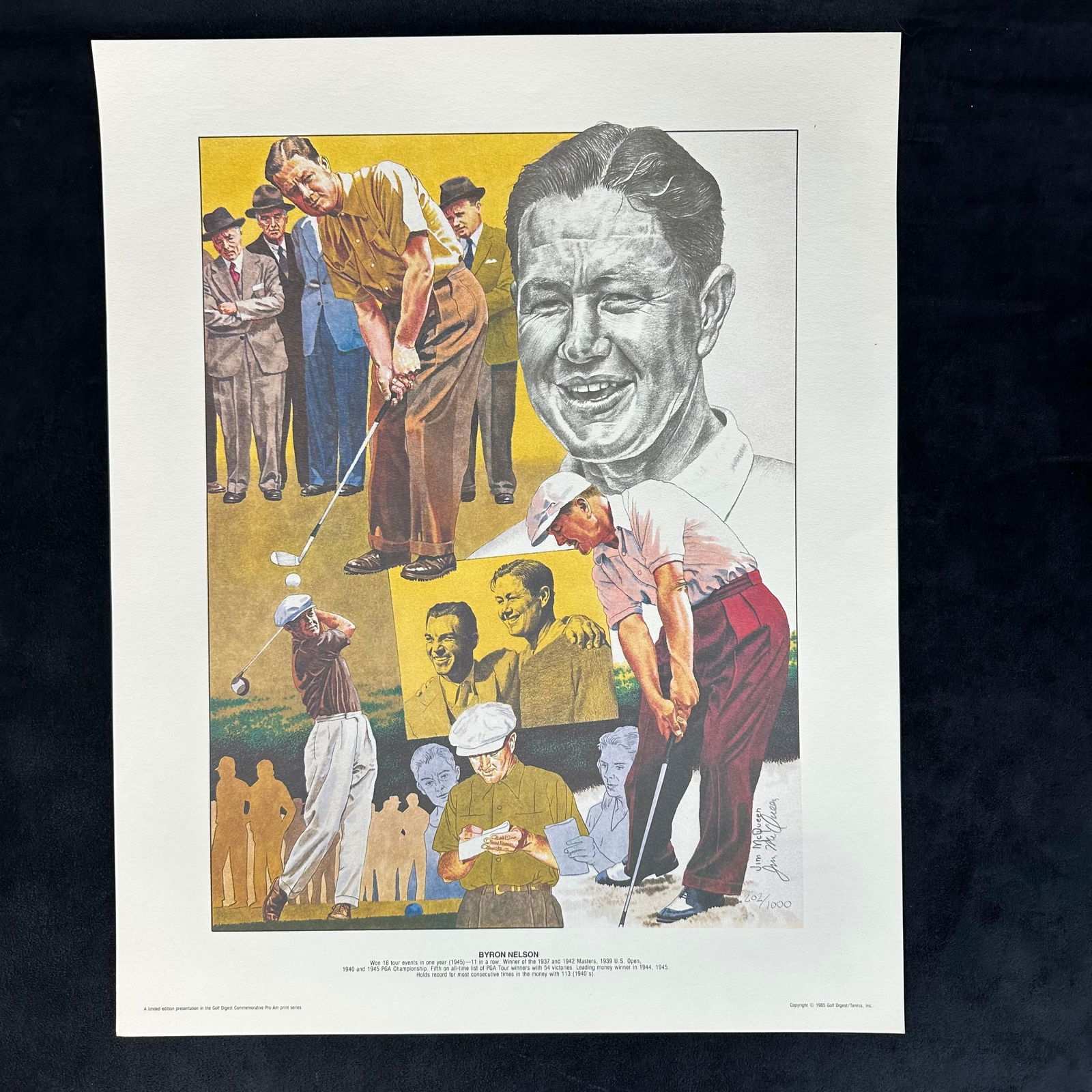 Jim McQueen Signed and Numbered Lithograph Byron Nelson Golf Digest Series #202 of 1000: Limited edition lithograph by Jim McQueen, titled Byron Nelson. Hand-signed and numbered 202/1000 by the artist. Published in 1985 as part of the Golf Digest Commemorative Pro-Print series. Features a