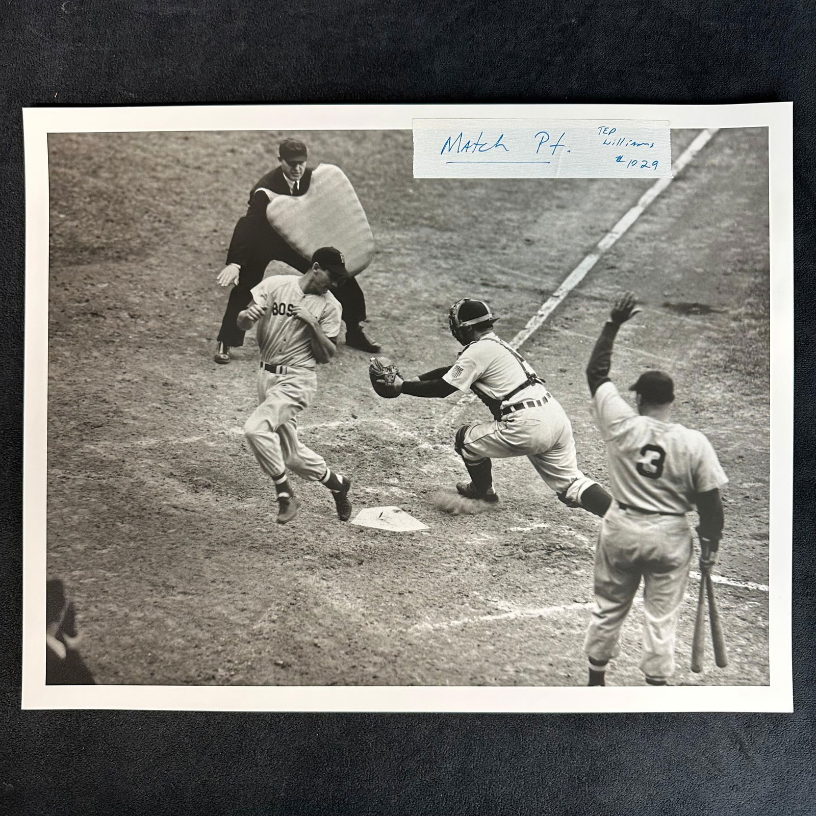 Analog Photo Print Ted Williams at Home Plate Boston Red Sox Black and White: Black and white analog photographic print capturing an iconic baseball moment at home plate. A Boston Red Sox runner, Ted Williams, attempts to score as the opposing catcher makes the tag, while the u