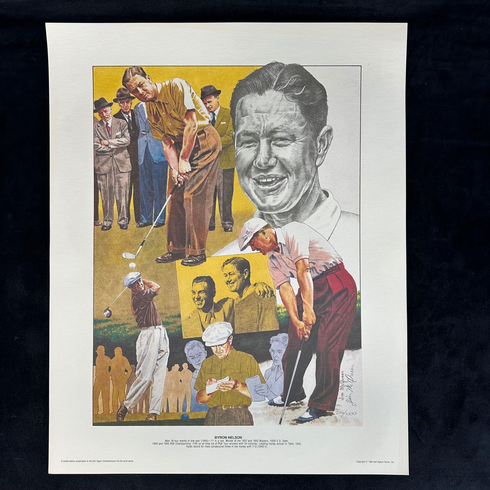 Jim McQueen Signed and Numbered Lithograph Byron Nelson Golf Digest Series #206: Limited edition lithograph by Jim McQueen, titled Byron Nelson. Hand-signed and numbered 206/1000 by the artist. Published in 1985 as part of the Golf Digest Commemorative Pro-Print series. Features a