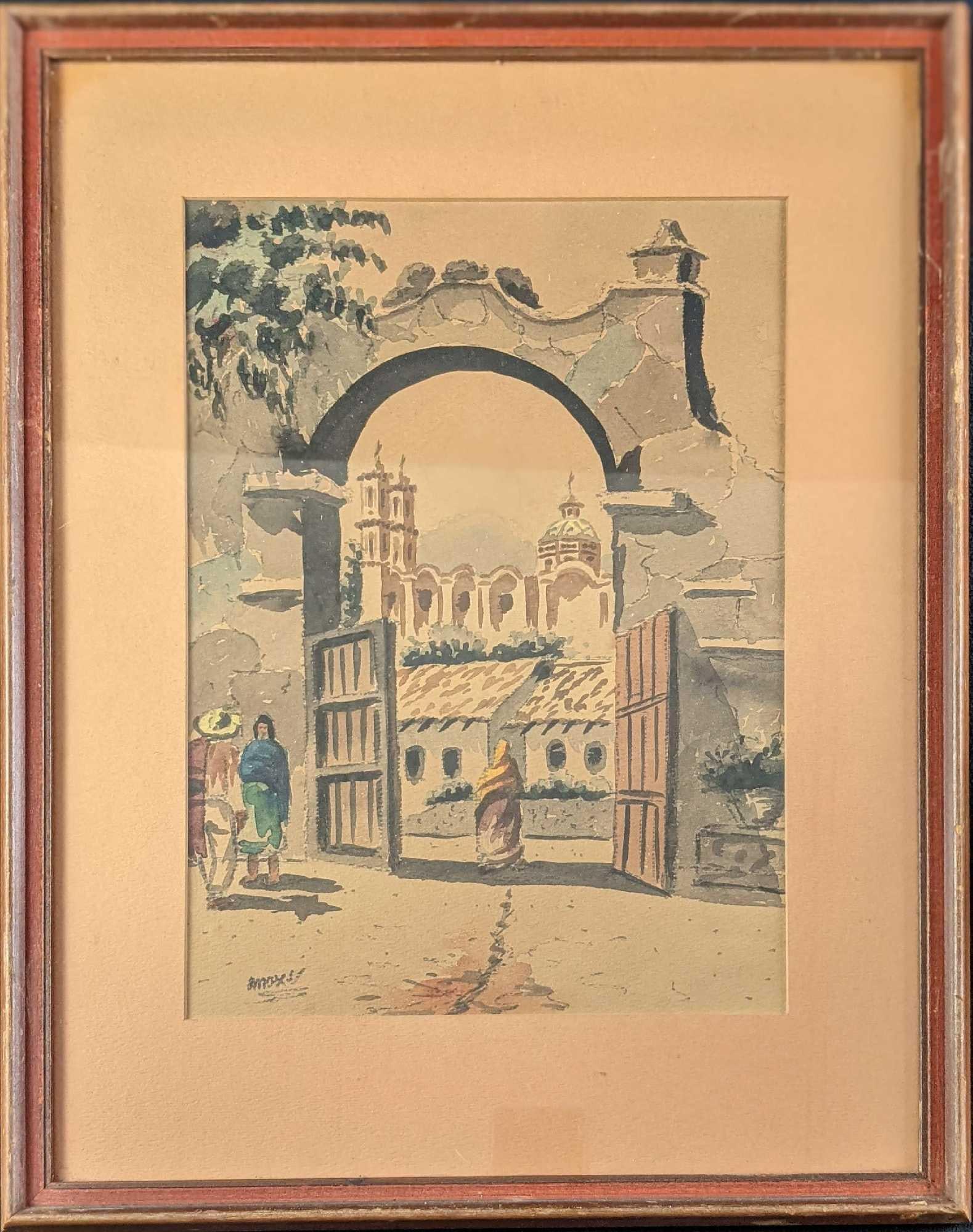 Vintage Framed Watercolor Walking To Temple: Vintage framed and matted watercolor on paper of a figure walking to the temple. A figure on the left appears to be wearing a Mexican-style dress. The original is signed by the artist on the bot