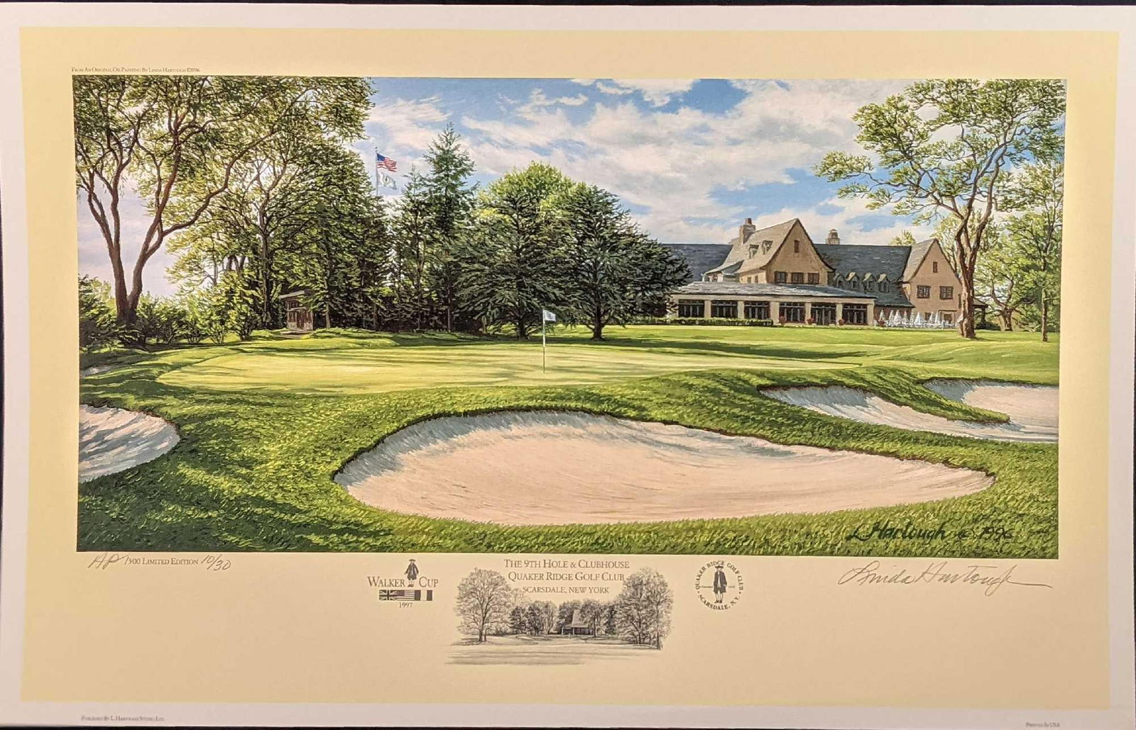 Linda Hartough Artist Proof Litho Golf Quaker Ridge Golf Club: "The 9th Hole & Clubhouse Quaker Ridge Golf Club, Scarsdale, New York" Lithograph Artist Proof By Linda Hartough. The print is Artist Proof #10 out of #30. The print is approx 23" x 15