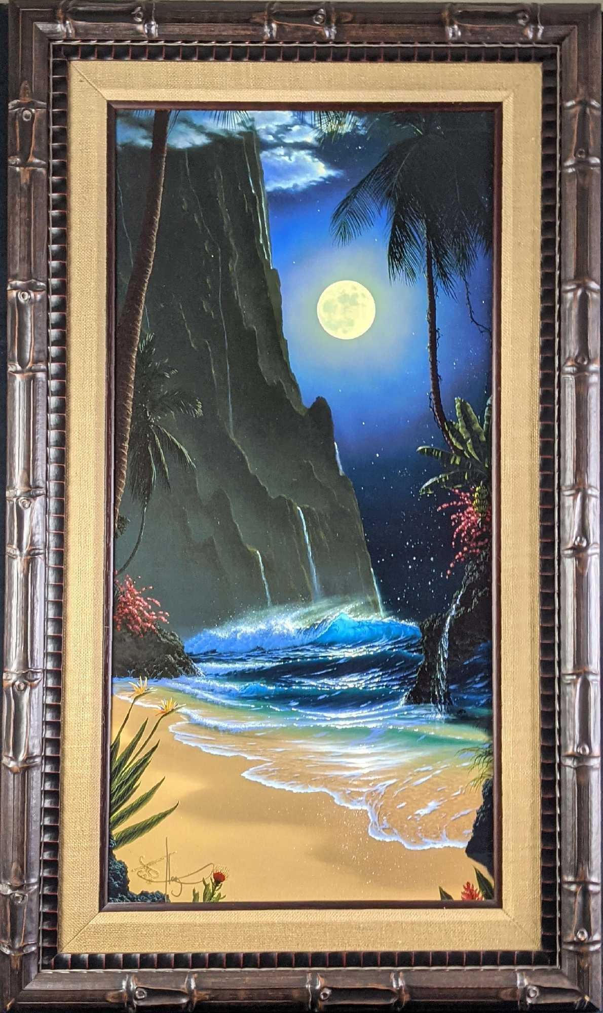 Sold Out Al Hogue Night Seascapes Limited Edition Framed Canvas: SOLD OUT Al Hogue Night Seascapes Artist Proof Limited Edition Framed Giclee Canvas. This one is #7 out of #100. The framed canvas is approx 29" x 1" x 49" and weighs 16lbs. The framed can