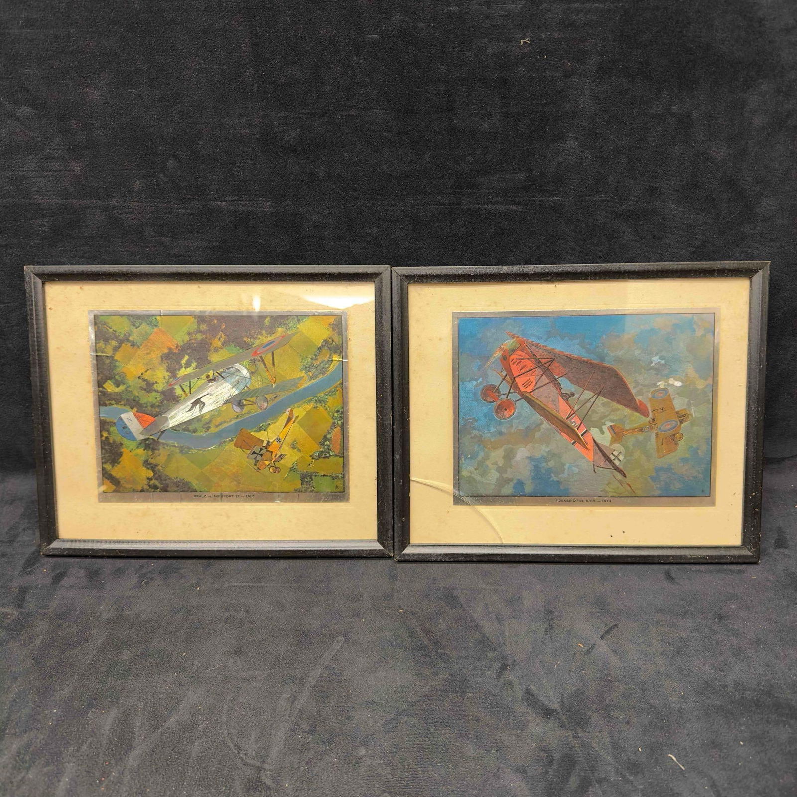 Airplane Wings of Glory World War 1 ColorEtch Foil Art Prints Aircraft Set: Airplane Wings of Glory World War 1 ColorEtch Foil Art Prints Aircraft Set. Fokker D7 vs S.E.5 - 1918 and PFALZ vs Nieuport 27 - 1917. One framed foil art piece glass has a crack. each piece shows lig
