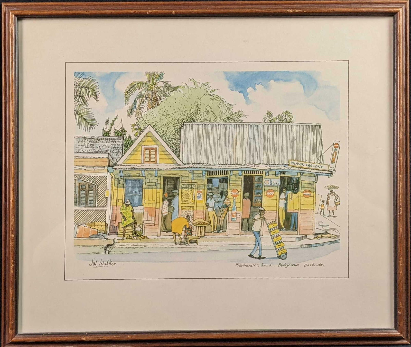 Walker Martindales Road Bridgetown Barbados Print X9: Framed Jill Walker "Martindale's Road Bridgetown Barbados" Color Print. From the 1980s. Framed print is approx 18" x 1" x 15". The print is approx 12" x 9 1/2". Framed print is in a good, vintage cond