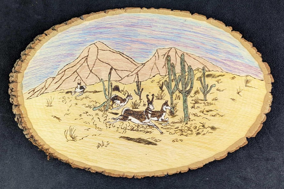 Vintage Wood Slab Art Deer Running: Vintage Wood Slab Art Deer Running. They look like whitetail deer. The wood slab art is approx 15" x 10" x 3/4" and it weighs 1lb. It appears to be done with colored pencils. Please see the images as