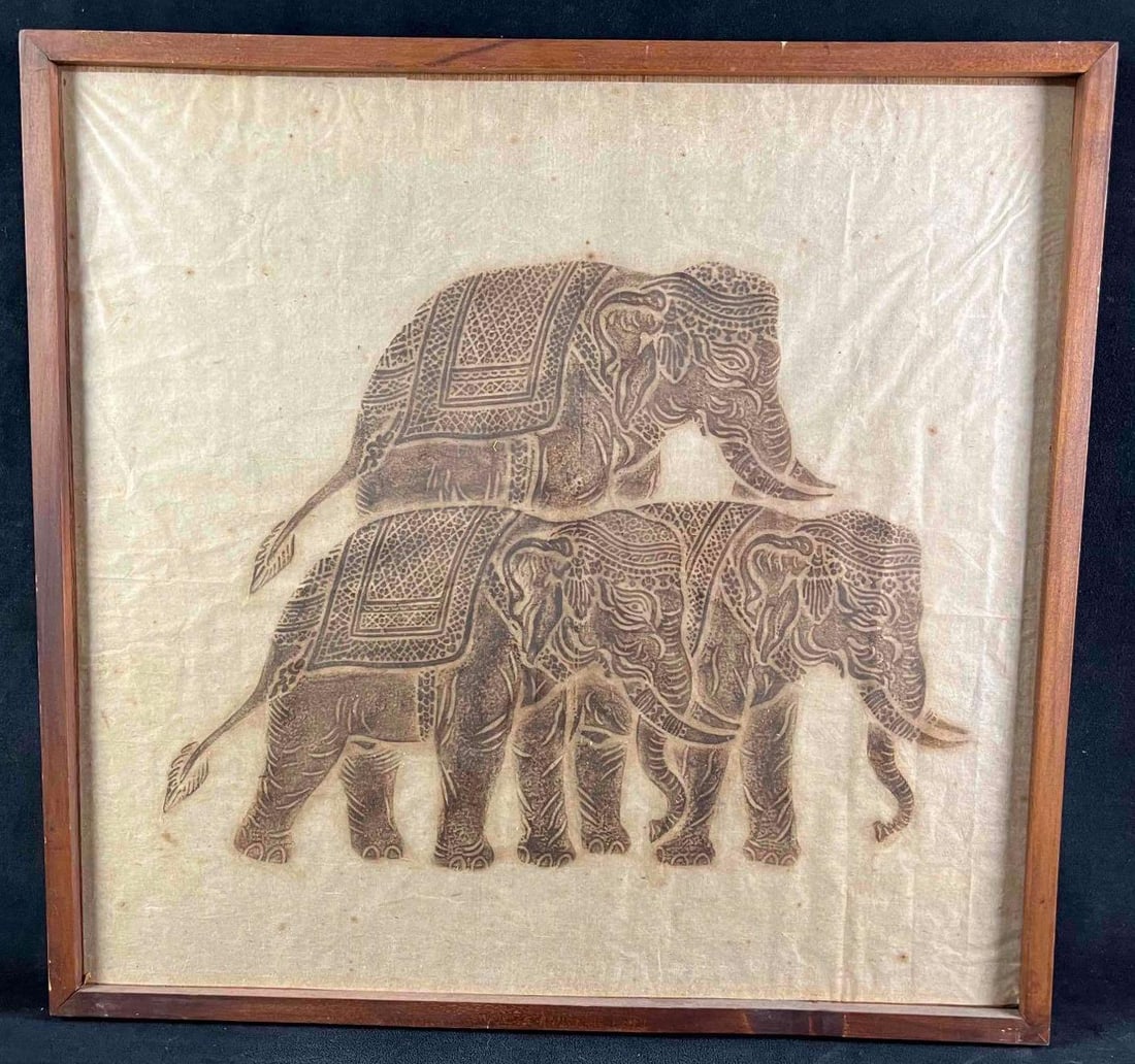 Vintage Elephant Wood Block Stamp Art: Vintage Elephant Wood Block Stamp Art This is stamp art of three Asain Elephants. This Vintage piece has a protective clear plastic layer protecting the original print and paper. This is framed. The p