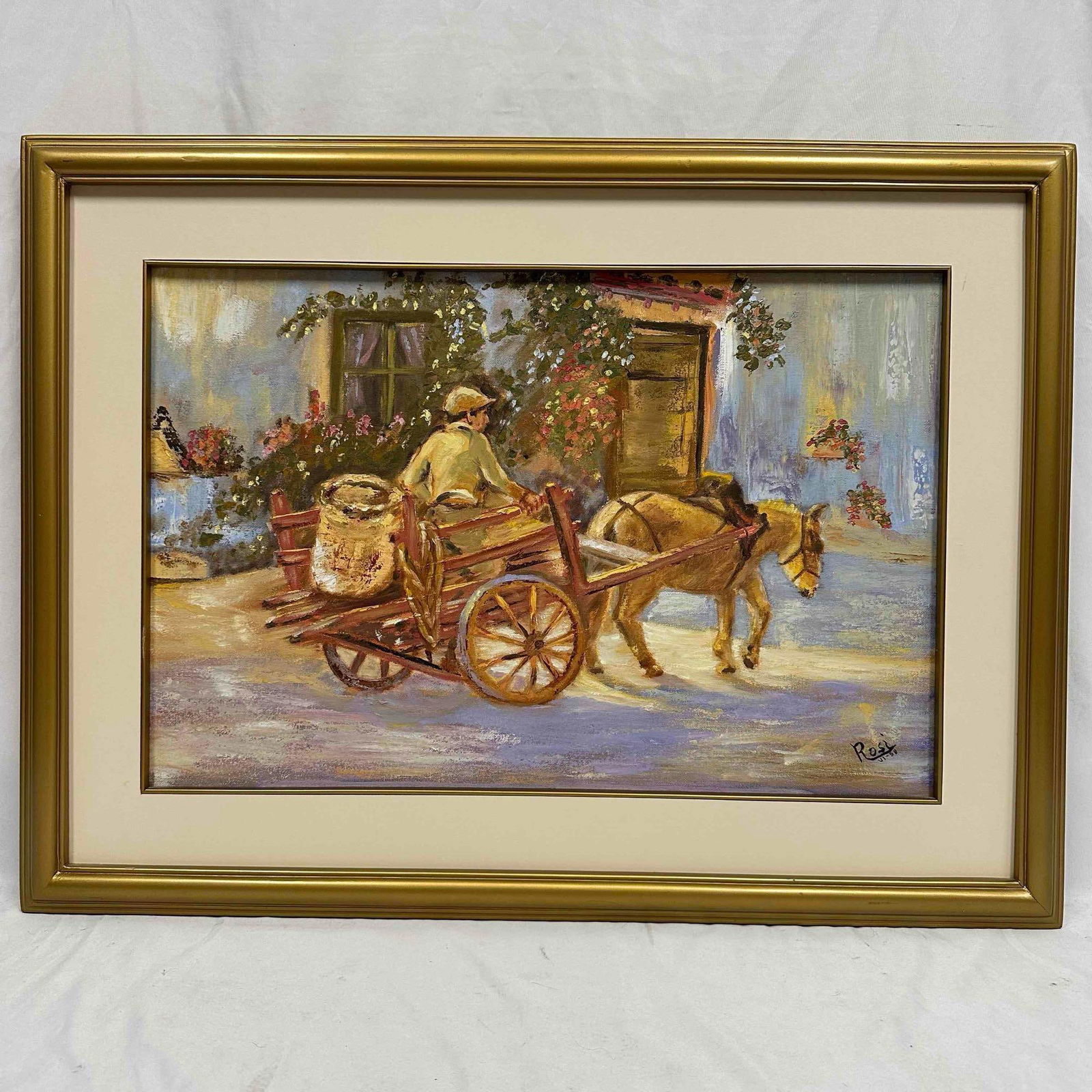 Boy Riding a Donkey Cart Painting by Rosi VI-98 Framed Oil on Canvas R152: The artist's signature is visible, Rosi VI-98, in the bottom right corner, artist unknown. A few light marks on the frame. This item is in pre-owned, previously displayed condition with normal lig