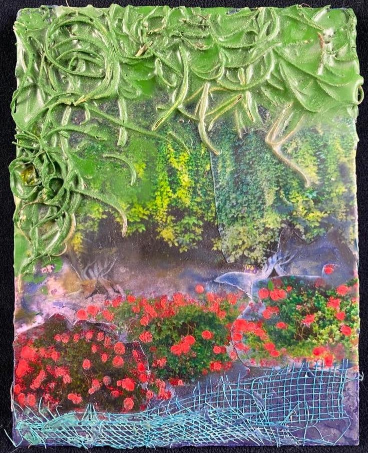 Etta Jean Juge Untitled Encaustic Mixed Media: Etta Jean Juge Untitled Encaustic Mixed Media This piece by Etta Jean Juge is an encaustic mixed media painting done on a wooden board. It combines wax and pigments with wire, plastic, and photograph