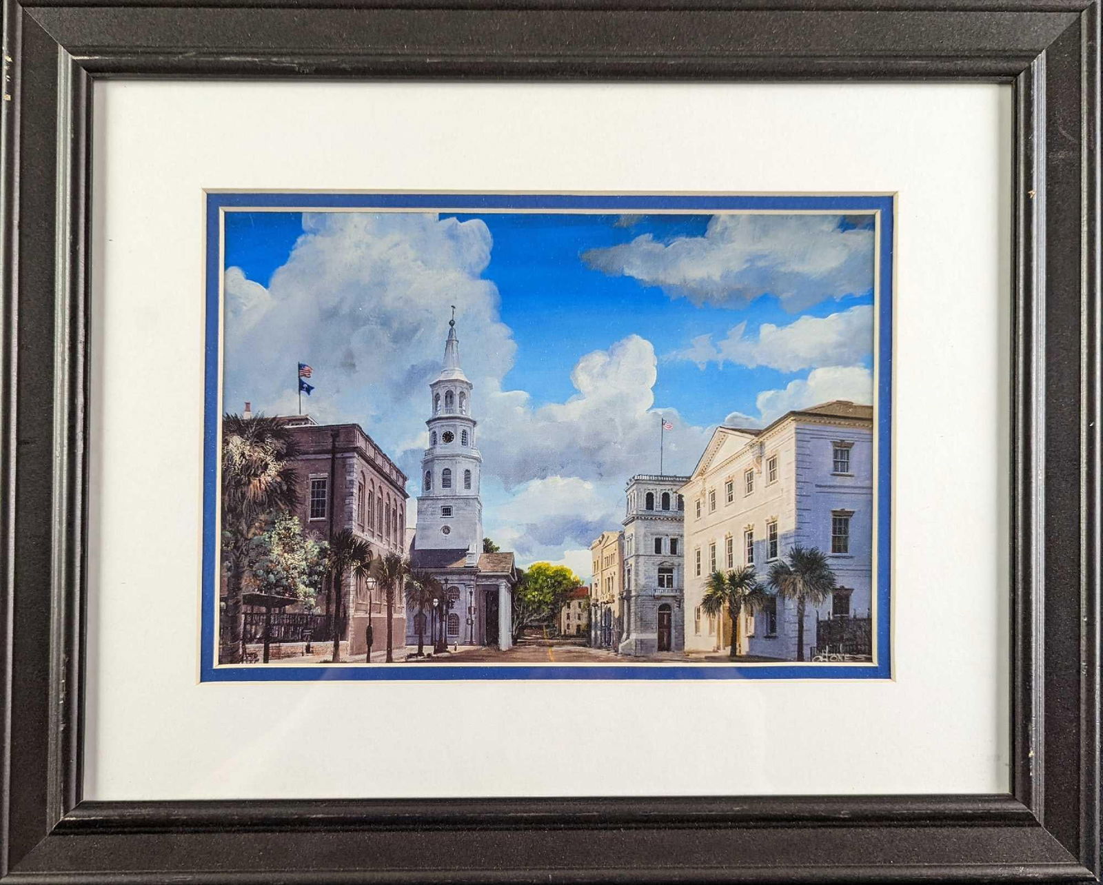 Framed Charleston Saint Michaels Print: Framed Charleston Saint Michaels Print. This framed print has a copy of the artist's signature on the bottom right. The framed print is approx 15 3/4" x 1/4" x 13" and it weighs 2.5lbs. The print/imag