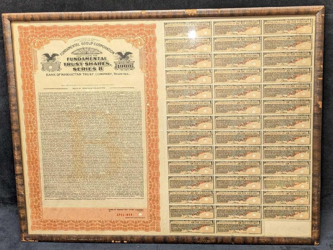 Framed ???????Specimens 1940s Manhattan Trust Shares: Framed Specimens 1940s Manhattan Trust Shares. This is approx 20 3/4" x 1/2" x 15 3/4" and it weighs 2.90lbs. The frame has some chips. Specimen stock certificates are certificates that w