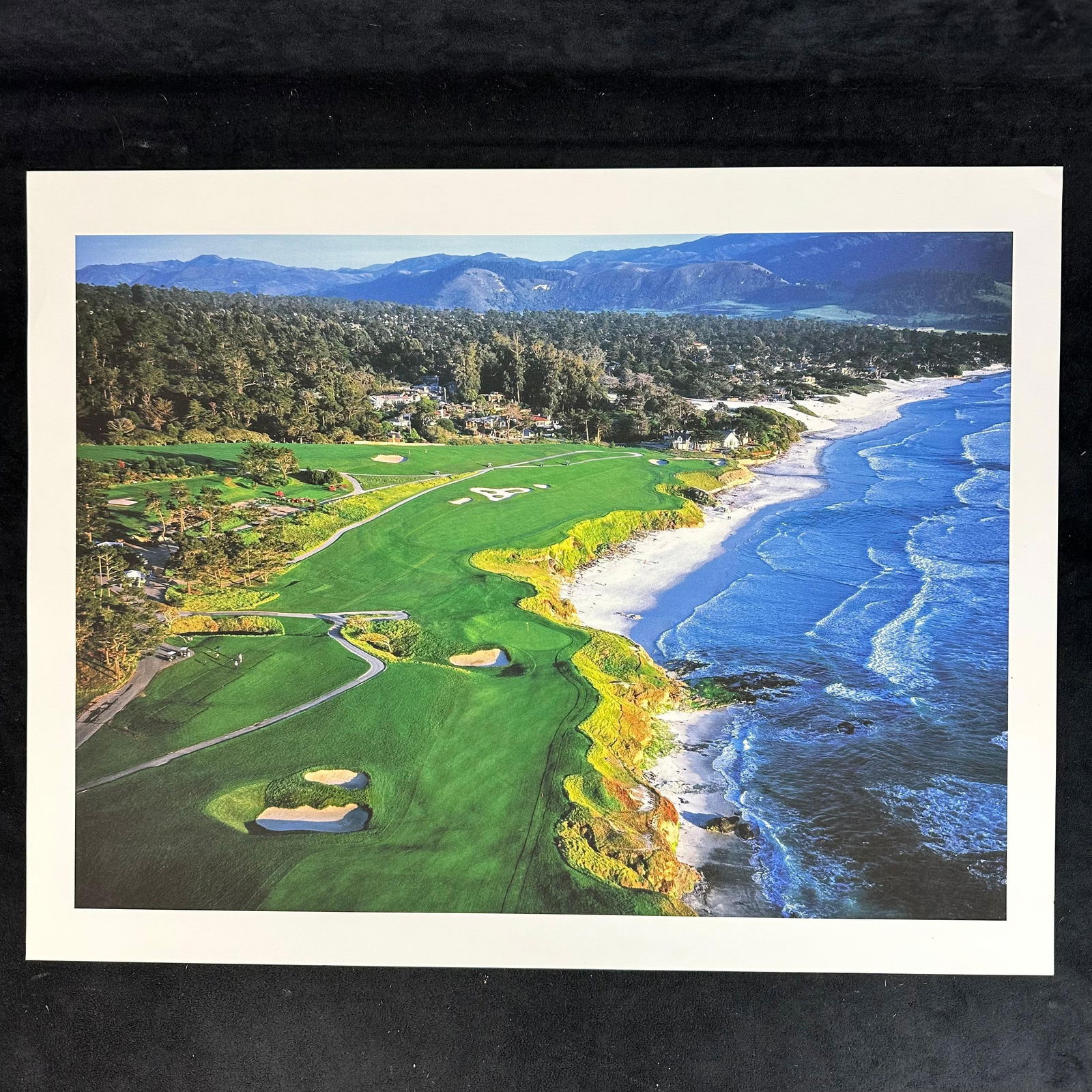 Pebble Beach Golf Links Coastal Aerial Photograph Print California Golf Course Ocean Coast: Aerial photography print of Pebble Beach Golf Links, capturing the dramatic California coastline and world-famous fairways. Vibrant greens and blue ocean tones make this an ideal display for golf or c