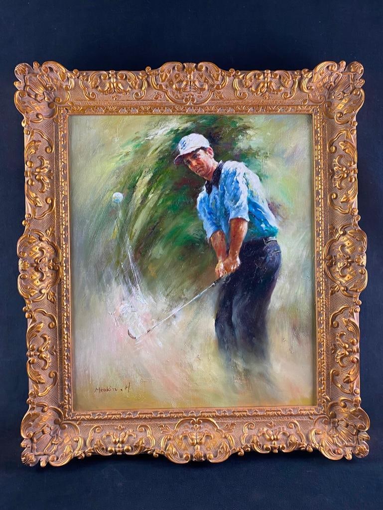 Oil on Canvas Golfer Painting F11: Oil on Canvas Golfer Painting Painting of a golfer hitting a ball, with the ball sailing through the air. The painting is in a gold-colored frame and is signed "Meakin H." by the artist. Has