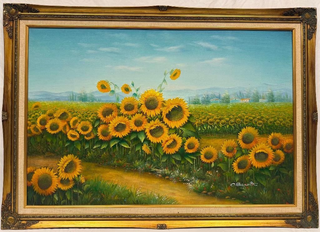 Vintage 3-D Sunflower Painting on Canvas C. Benoit: Vintage 3-D Sunflower Painting on Canvas Sunflower painting completed in oil on canvas with 3-D sculpted flowers. Signed "C. Benoit" in the lower right corner. In good condition with some sma