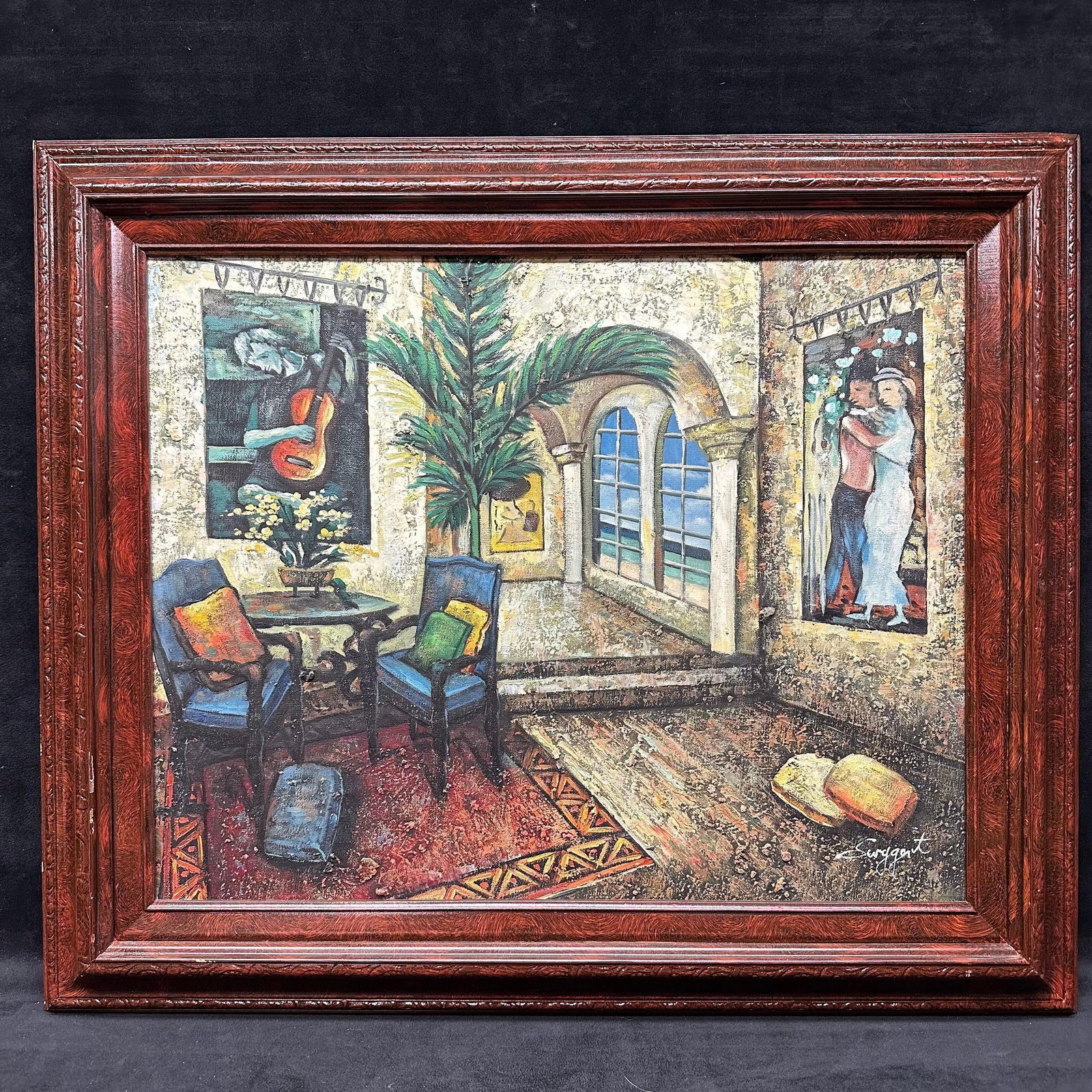 Signed Textured Oil Painting Interior Scene with Guitar Palm and Dancing Couple Wall Art: Signed oil painting on canvas by an unknown artist depicting a richly textured interior with two blue armchairs, a table, a guitar still life, and a wall art mural of a dancing couple. The composition