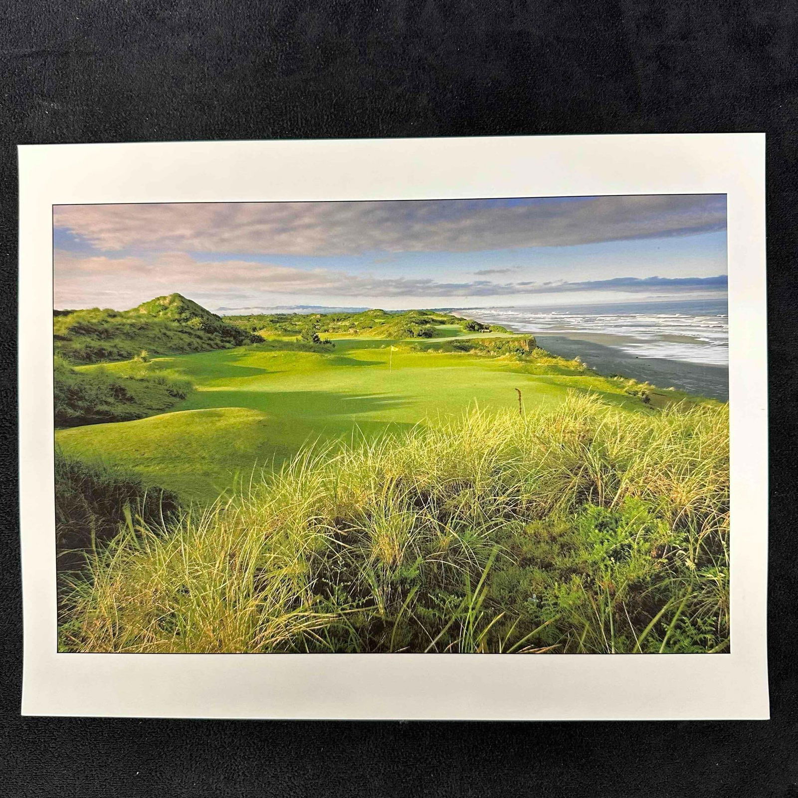 Bandon Dunes Coastal Golf Course Photograph Color Print: High quality color print featuring a scenic view of Bandon Dunes Golf Resort with its iconic oceanfront green. The image highlights lush rolling fairways, rugged dunes, and the dramatic Pacific coastl