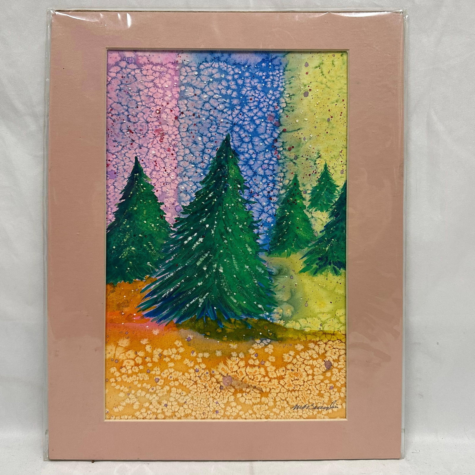 Original Watercolor Painting by Mike Bisceglia Evergreen Forest Abstract Landscape: Vibrant and imaginative original watercolor painting by Mike Bisceglia. Signed by the artist in the lower right corner. The composition features a lively grove of evergreen trees set against a radiant