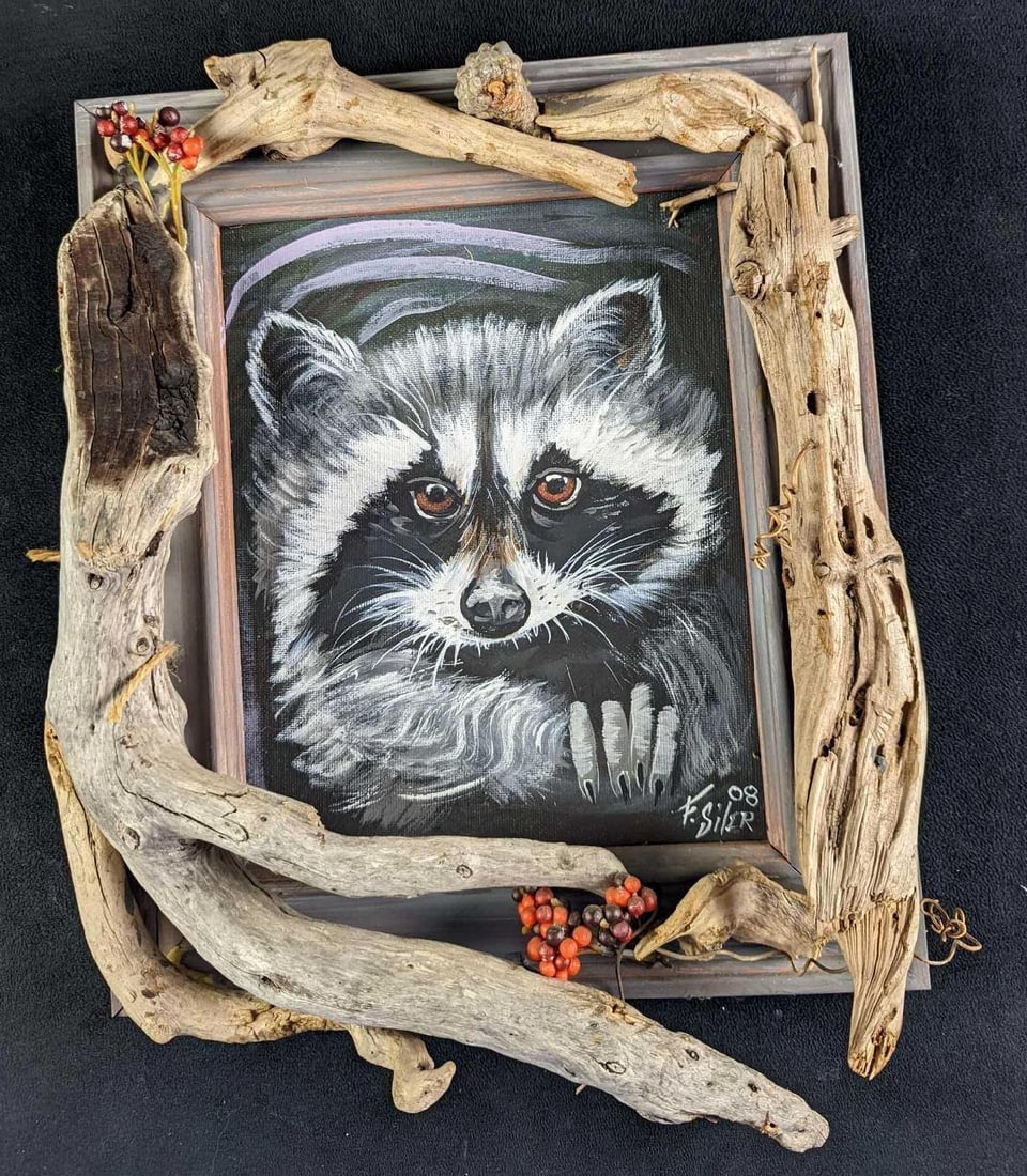 Original Acrylic On Panel Faye Silver Raccoon Art: Original Framed Panel On Canvas Faye Silver Raccoon Art. Add a little bit of nature to any wall in your home! A cute raccoon appears to peer at you from inside a tree. The original is signed by the ar