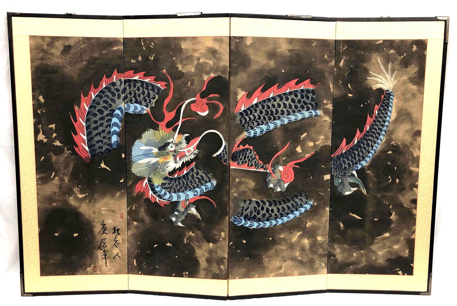 Vintage Asian Byobu Screen with Dragon Painting (1 of 5)