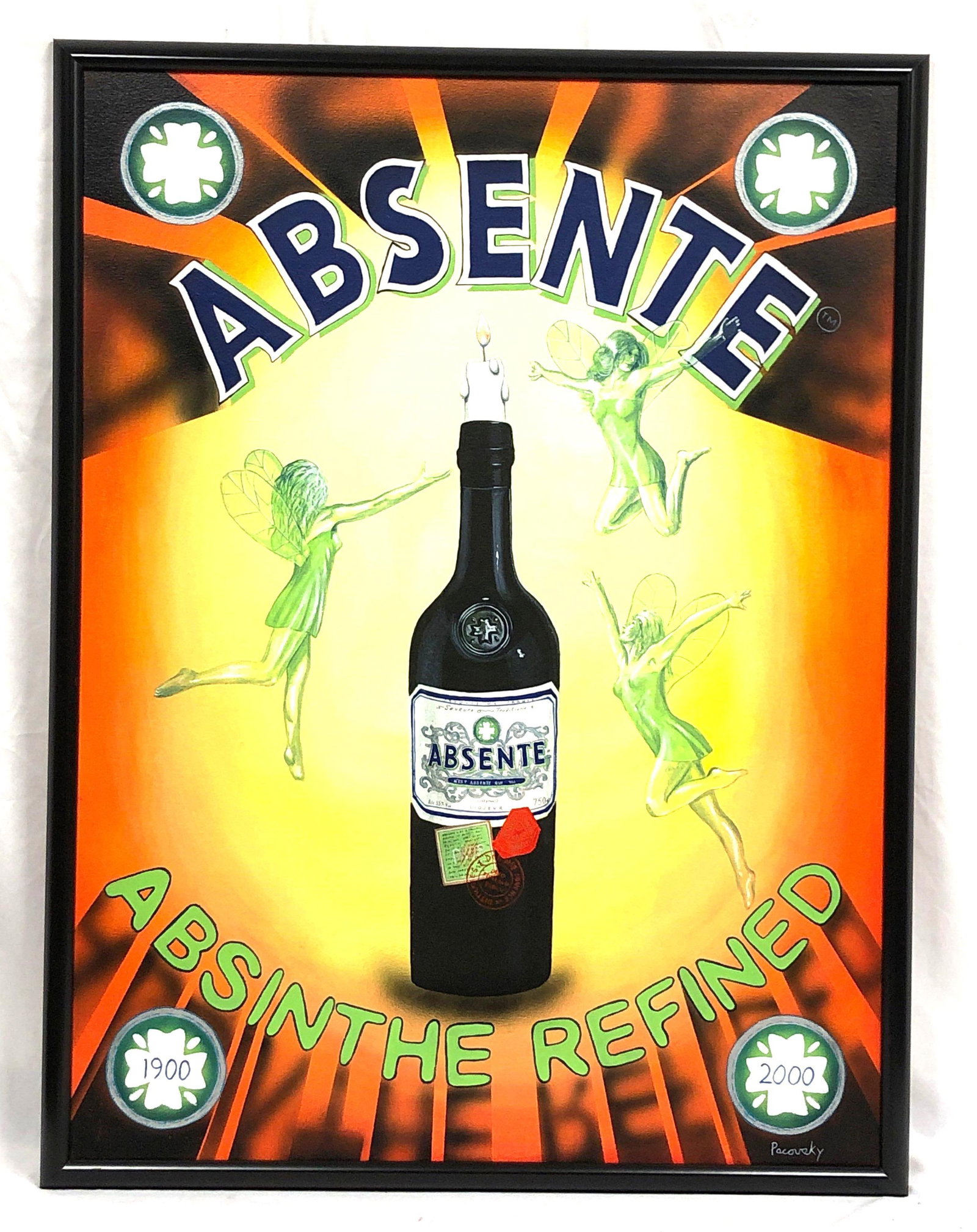John Pacovsky & Absente / Absinthe - Commissioned, Signed, Framed - Acrylic on Canvas: Absente / Absinthe Marketing Ad - Painting Commissioned by Liquor Branding Executive. Signed and Framed Acrylic on Canvas by Artist John Pacovsky. The item measures approximately 38-1/2" x 50-1/2&