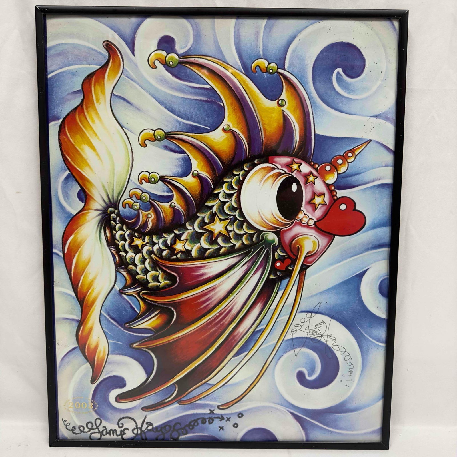 Jamie Hayes Signed Pucker Fish Framed Art Print: Jamie Hayes Signed Pucker Fish Framed Art Print. Frame shows light wear with scratches on the corner and edges. The print has some light staining. Jamie Hayes, hand signed on the right side of the pri