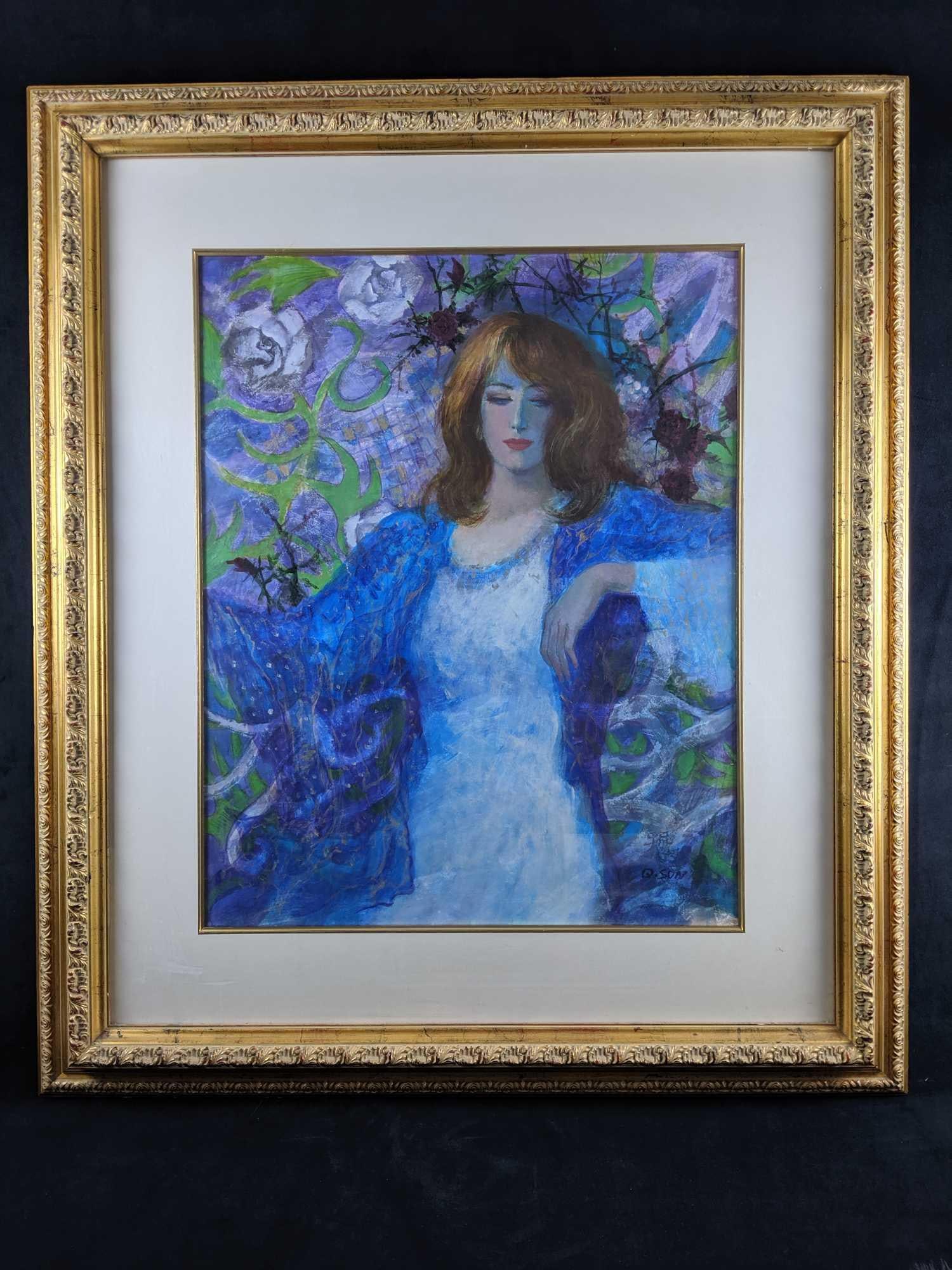 Original Acrylic Quan Sun Painting 24 x 30: Original Acrylic Painting by Artist Quan Sun. Painting size is 24" x 30" . Overall Dimensions Including Matte and Frame is 38" H 44" W 2" D Frame is gold colored and has a small c