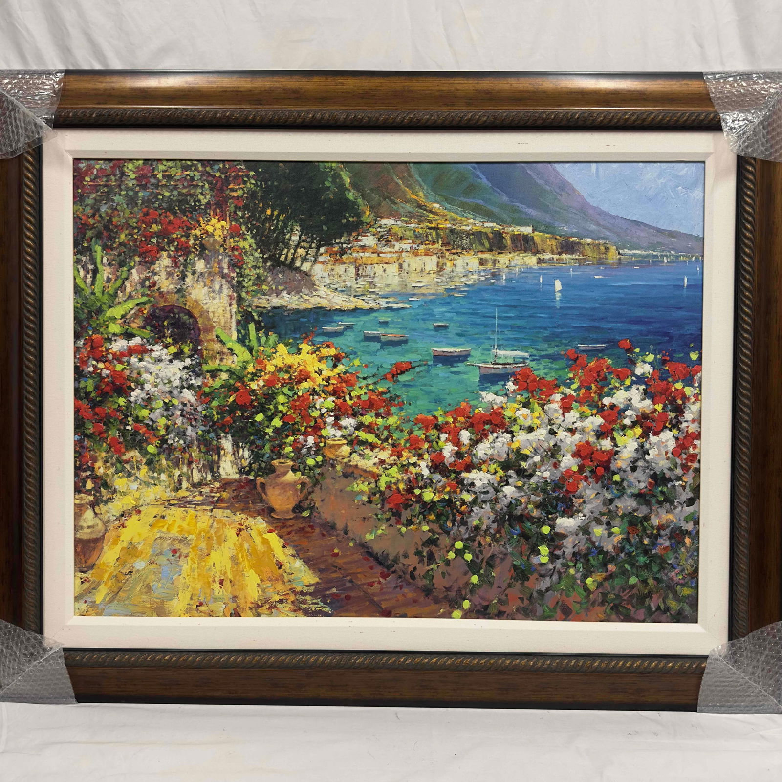 Marko Mavrovich Day of Sun on the Riviera Giclee Canvas Framed: Marko Mavrovich Day of Sun on the Riviera Giclee Canvas Framed. Giclee in color on canvas with hand embellishment by Marko Mavrovich 2005. Frame showing light wear with small crack. Includes original