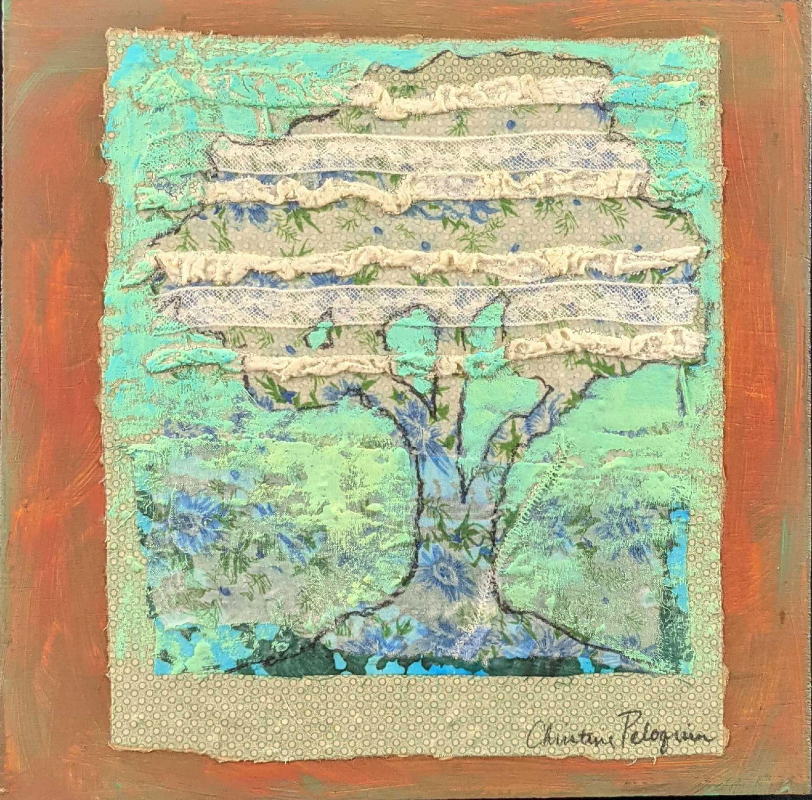 Christine Peloquin Original Mixed Media On Wood X1 Centered Six: Christine Peloquin Acrylics, and fabric on a wood panel. This one is called "Centered Six". This is approx 12" x 2 1/2" x 12" and is in good, used condition with no known damage.