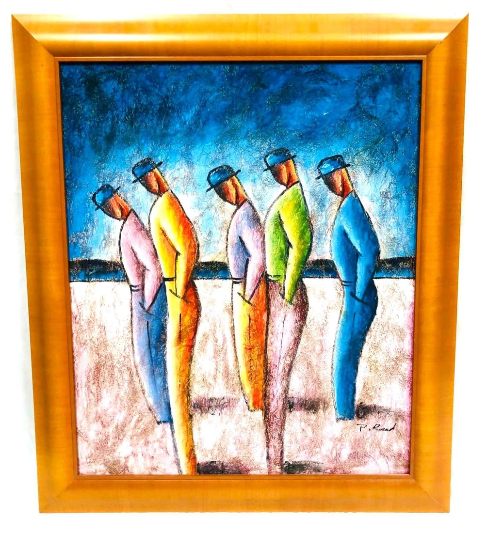 Airbrush Acrylic Copy Of Benyamin Long's "Five Standing Men": This lot contains a Embellished Print/Copy Of Benyamin Long's "Five Standing Men". It is approx 28 1/4" x 24" and it weighs about 4.5lbs. Overall the artwork is in good used condition with some light