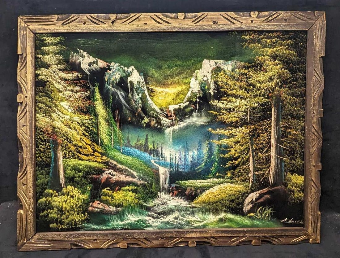 Vintage Black Velvet Mountain Waterfall Scenic Painting: Vintage Black Velvet Mountain Waterfall Scenic Painting. The framed canvas is approximately 36" x 1 1/2" x 27 3/4" and weighs 4.40 lbs. The artist signed the original on the bottom right of the c