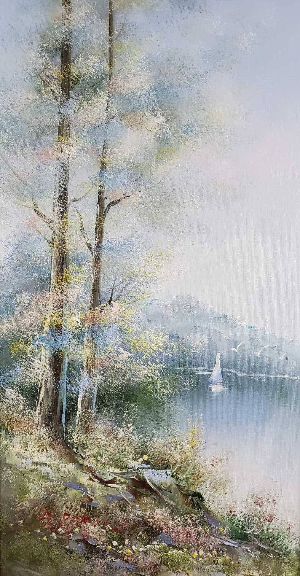 Stuart Parnell Original Acrylic W Mirrored Frame: Original acrylic painting of a lovely lakeside by British artist, Stuart Parnell. Original painting on canvas is framed with a unique gold-colored mirror frame. The gold-colored frame is in good, used