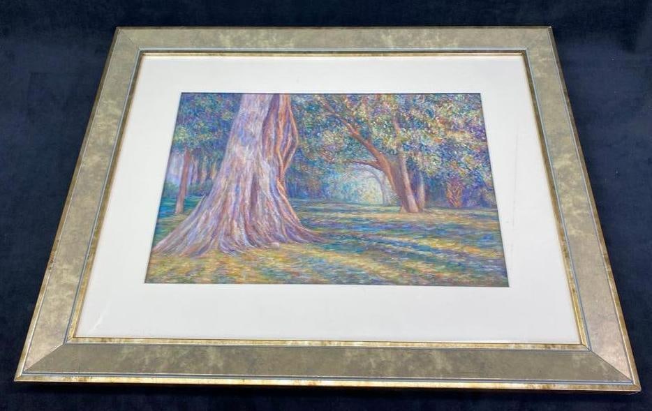 Original Pastel "The Old Tree" Christophe Cardot: Original Pastel "The Old Tree" Christophe Cardot An original pastel on paper titled The Old Tree by Christophe Cardot. The piece depicts an ancient oak tree trunk in a forest clearing. Cardot