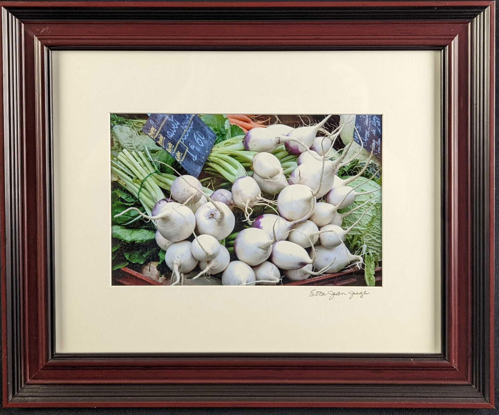 Framed Etta Jean Juge Radishes Photo: Framed Etta Jean Juge "Radishes" Photo. The framed photo is approx 17" x 1" x 14 1/4" and it weighs 3lbs. The photo/image is approx 9 1/2" x 6 1/4". The framed photo is in