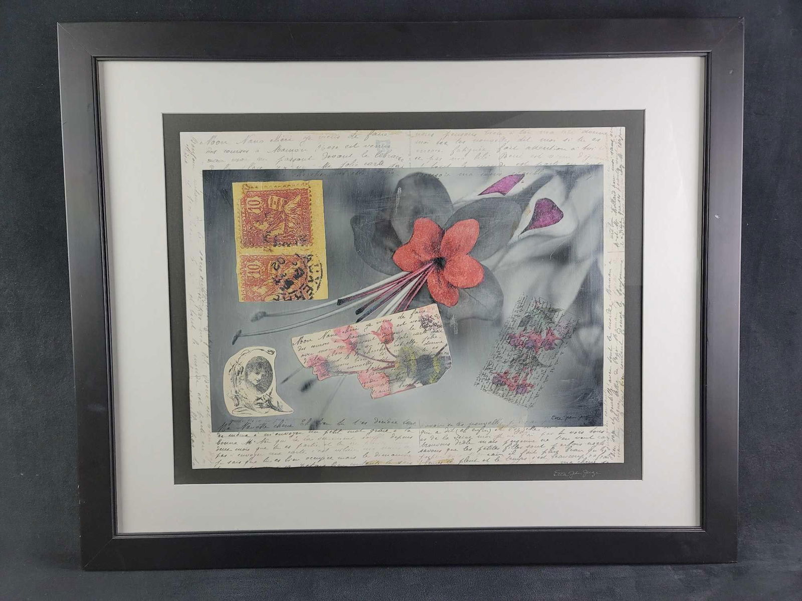 Mixed Media Floral Art By Etta Jean Juge: This original piece of art is by Etta Jean Juge and it is mixed media with a French Floral theme. The title of the piece is "French Postcard." It is in good condition with no known damages. Ap