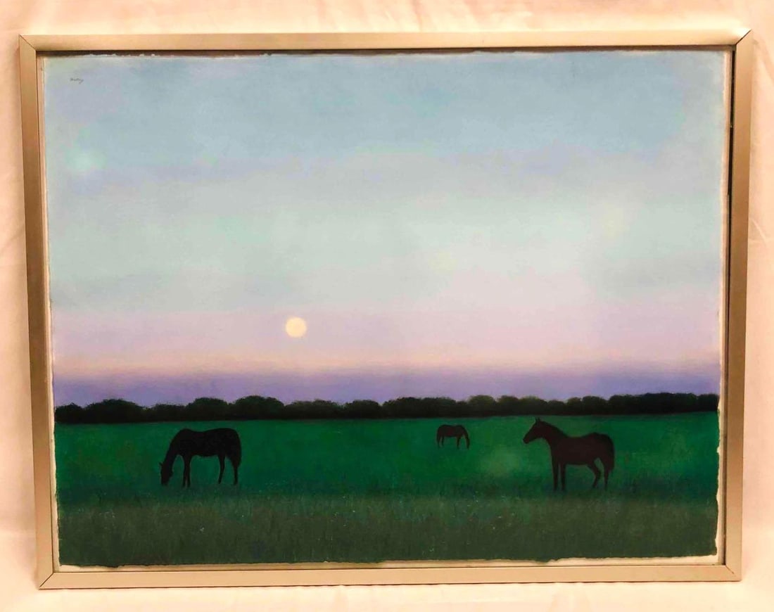 Signed/Framed Three Horses In A Meadow Twilight Pastel On Paper By Clare Malloy 2013 Retired Artist: This lot contains Signed & Framed Three Horses In A Meadow Twilight Pastel On Paper By Clare Malloy 2013. Artist has retired. The frame is approx 31 1/2" x 40 1/2" while the artwork itself