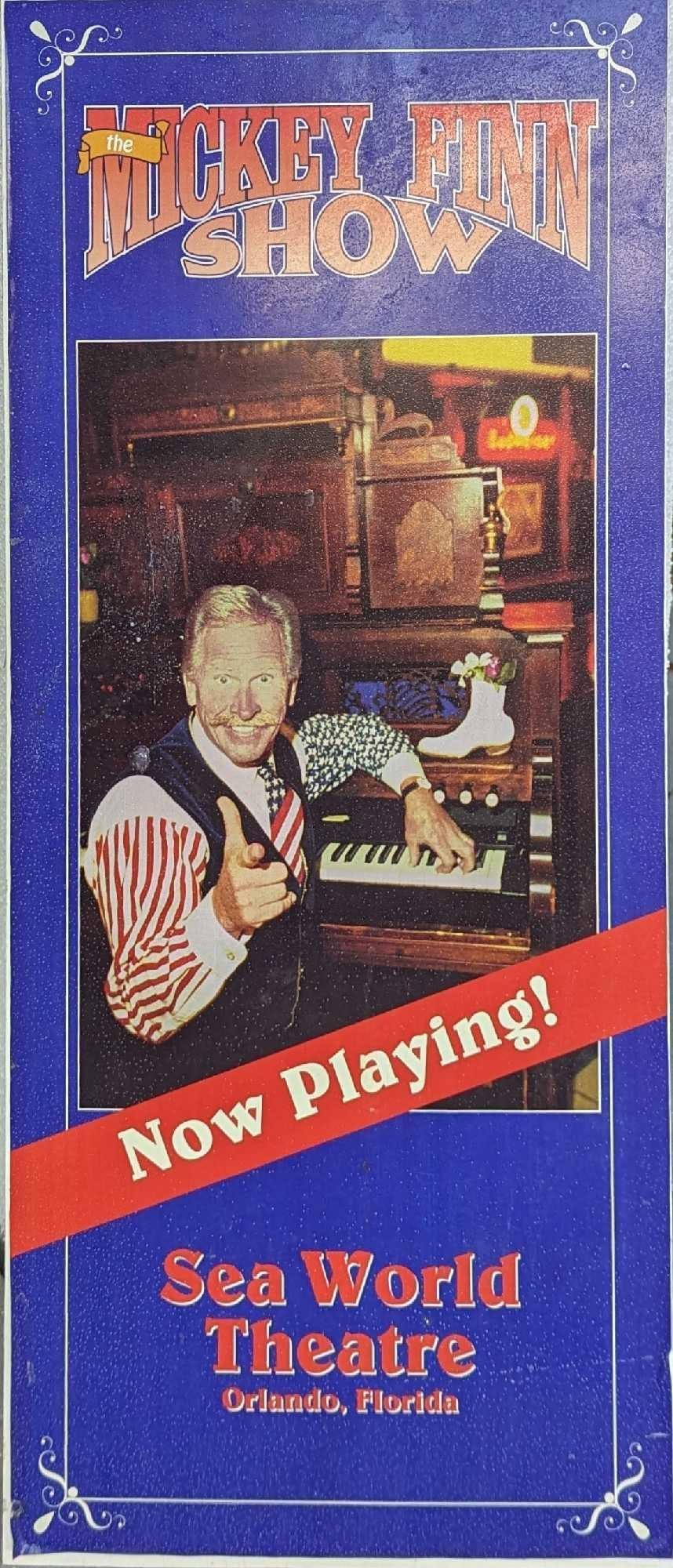 Mickey Finn Sea World Theme Park Used Sign: Mickey Finn Sea World Theme Park Used Sign. Here is an acyclic sign that was used to both promote the Mickey Finn Show that was playing at the Sea World Theater, and on the other side is a Spanish Sea