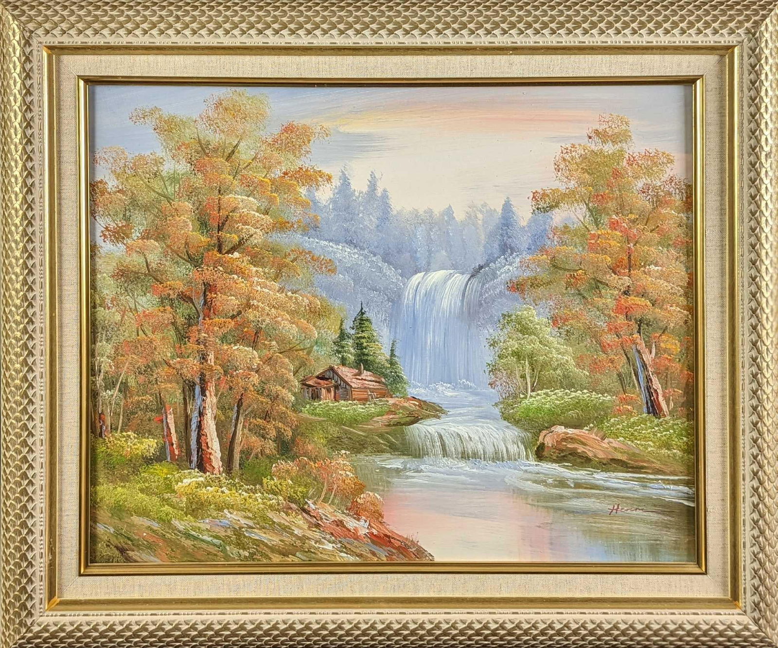 JB Framed Original Oil On Canvas Cabin By Waterfall: Original oil on canvas of a little cabin by a waterfall. This was signed on the bottom right by the artist. The framed original is approx 25" x 1 1/4" x 21" and it weighs 4.5lbs. The canvas is approx