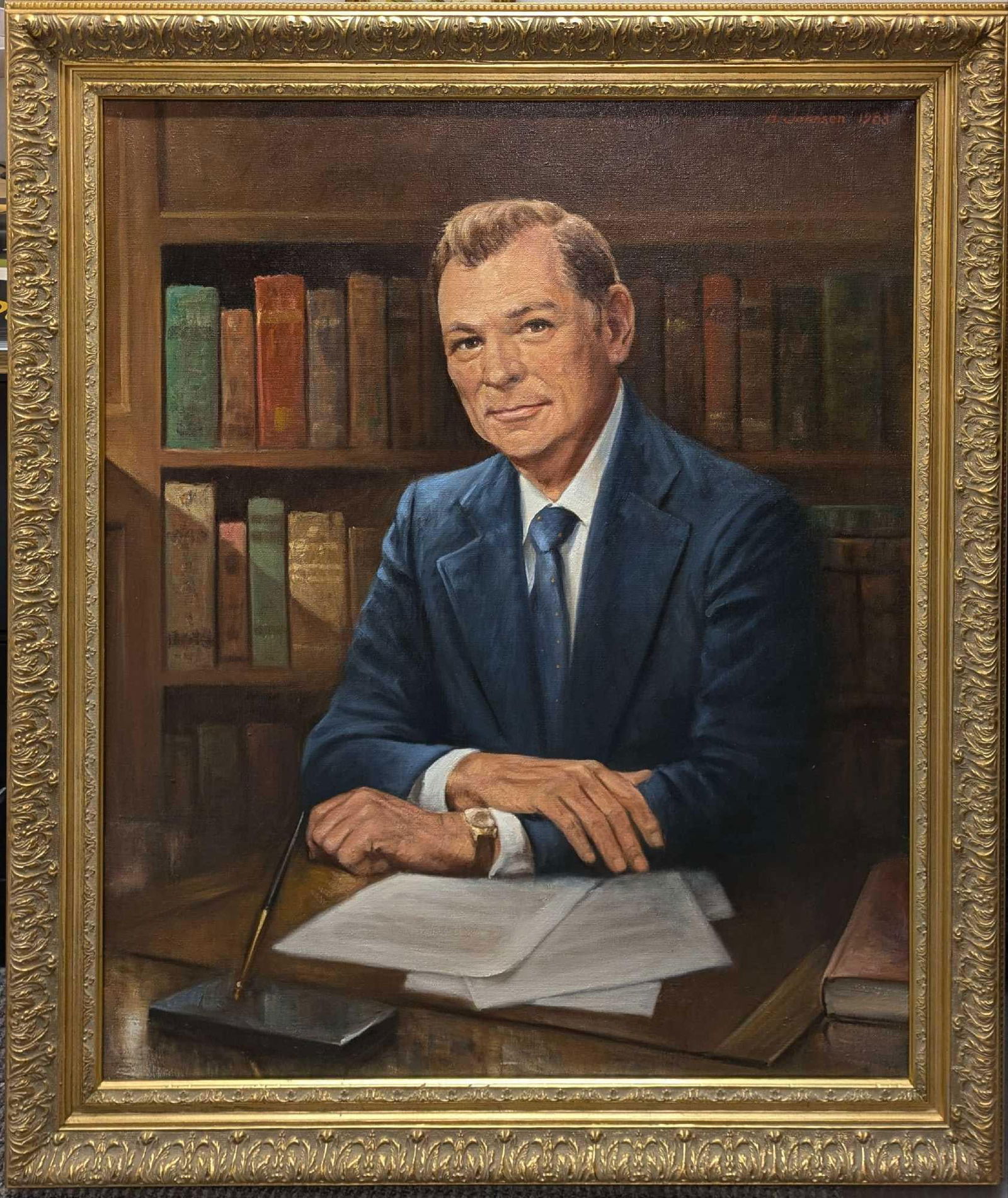 Framed Harold Johnsen Original Oil On Canvas Stately Man R90: Framed Harold Johnsen Original Oil On Canvas Stately Man R90. Here is an original oil on canvas of a well dressed gentleman. With his books in the background and stacked papers and pen before him, the