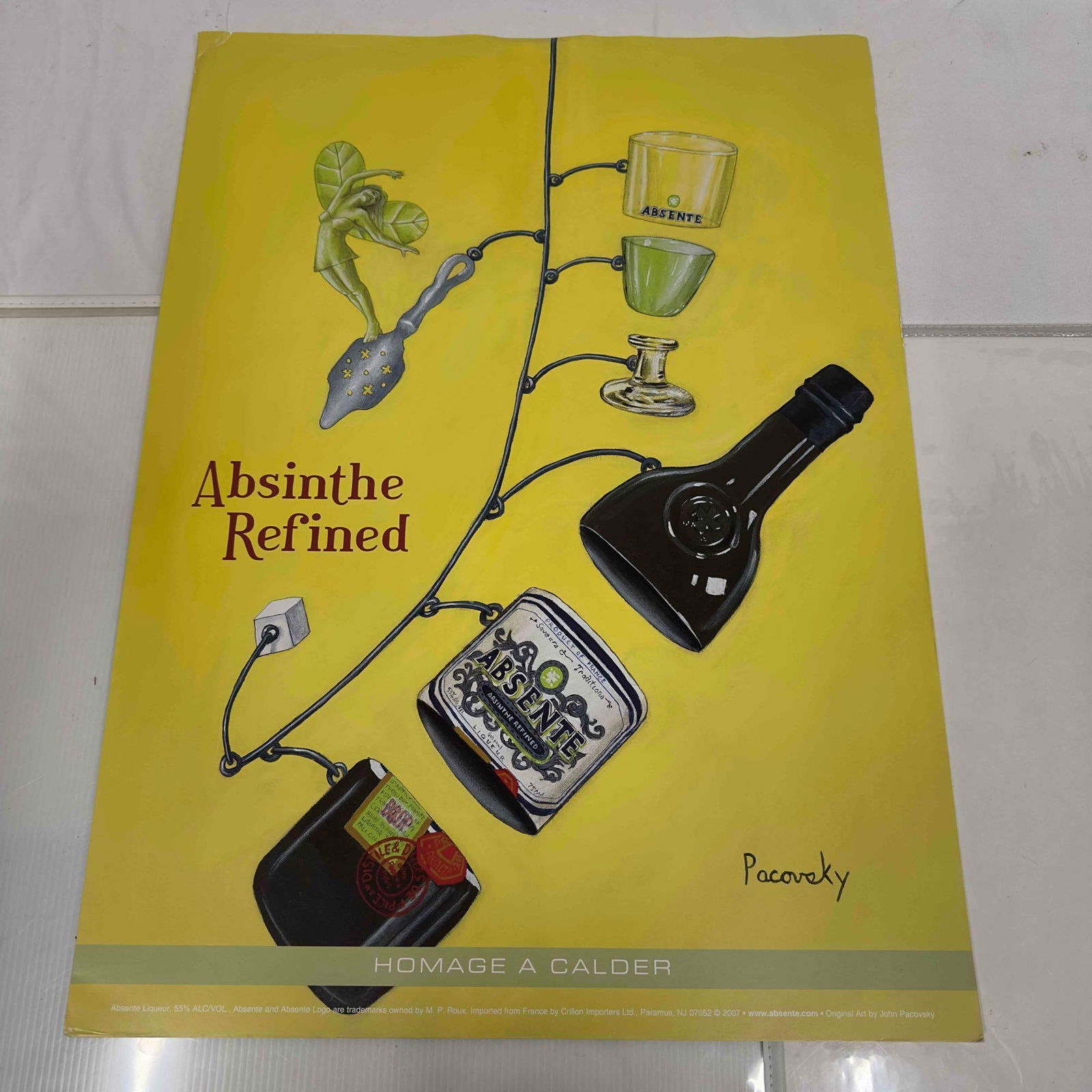 Absinthe Refined Ad Poster Homage A Calder by John Pacovsky Liquor Advertisement Set Lot of 9: Absinthe Refined Ad Poster Homage A Calder by John Pacovsky Liquor Advertisement Set Lot of 9. This set includes nine (9) posters by John Pacovsky. A few noticeable creases on the poster, minor tears,