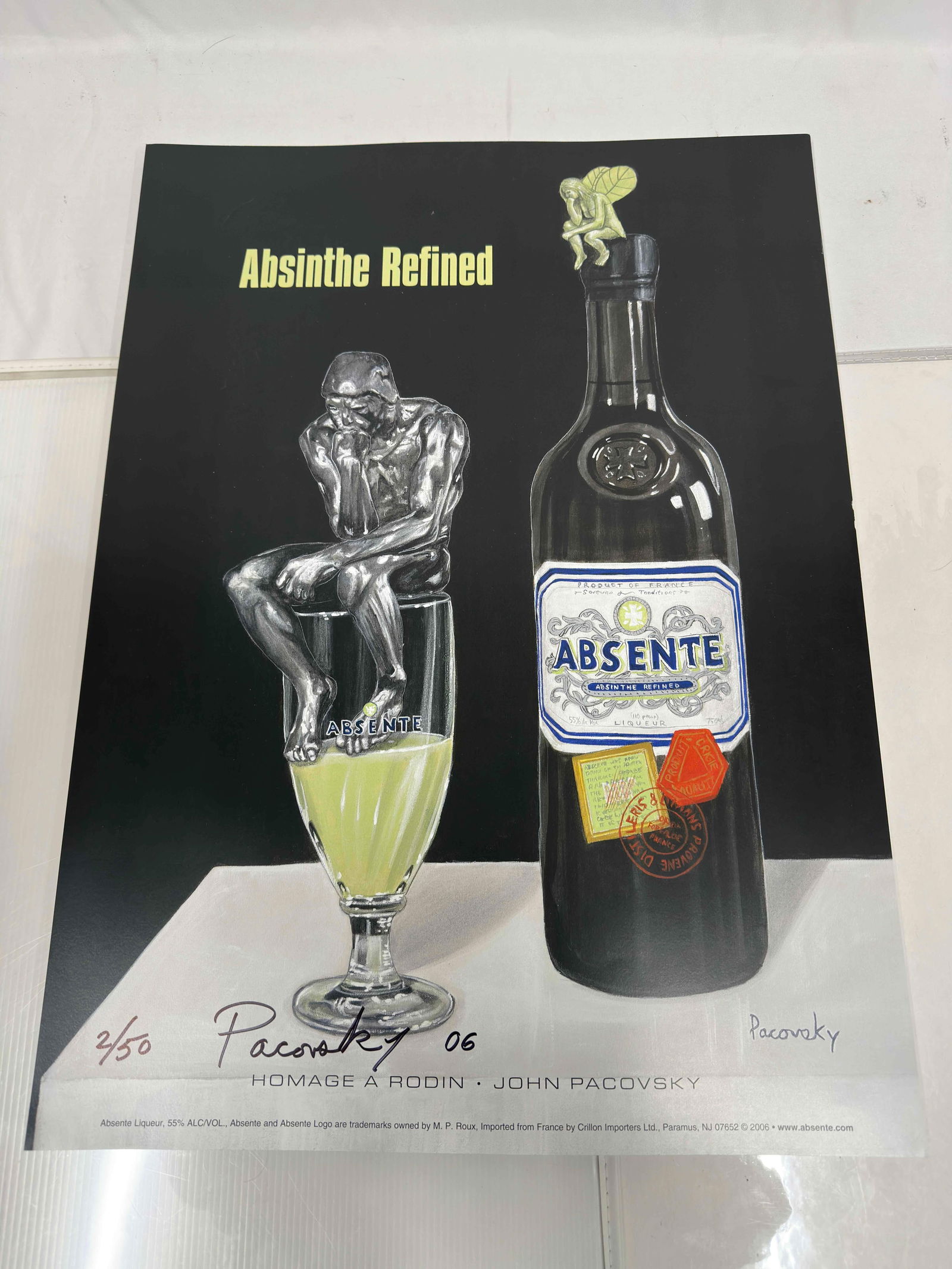 Absinthe Refined Ad Poster Homage A Rodin by John Pacovsky Hand Signed and Numbered Set 45 Posters: Absinthe Refined Ad Poster Homage A Rodin by John Pacovsky Hand Signed and Numbered Set 45 Posters. This set includes forty five (45) hand signed and an individually numbered posters by John Pacovsky.
