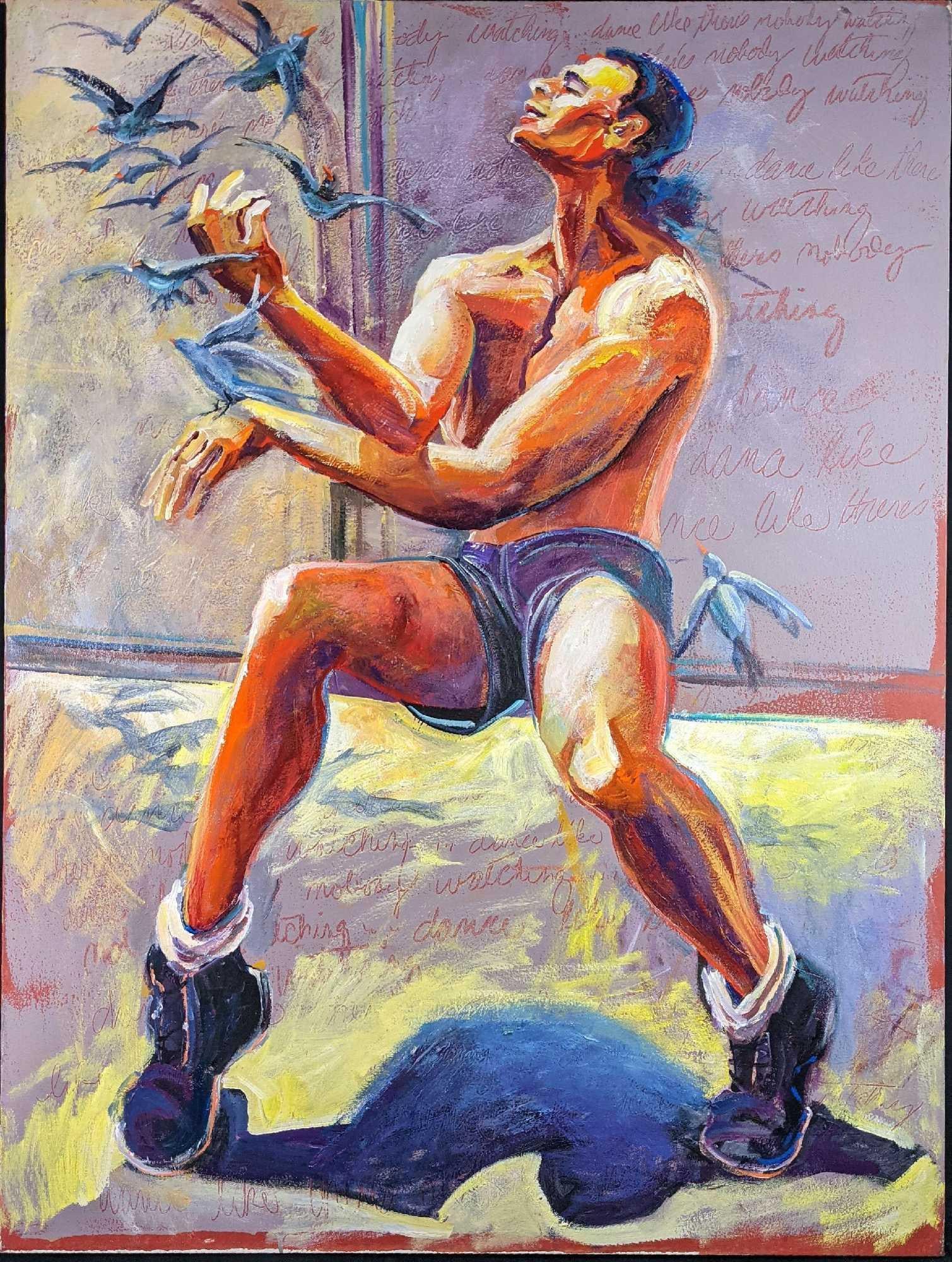 Original Large Oil On Canvas Dancing Man With Birds: Here is an original framed oil painting on canvas of a man doing a dance with birds. He is 'Dancing Like Nobody Is Watching'. This slogan is repeated over most of the canvas. The original is -very- si