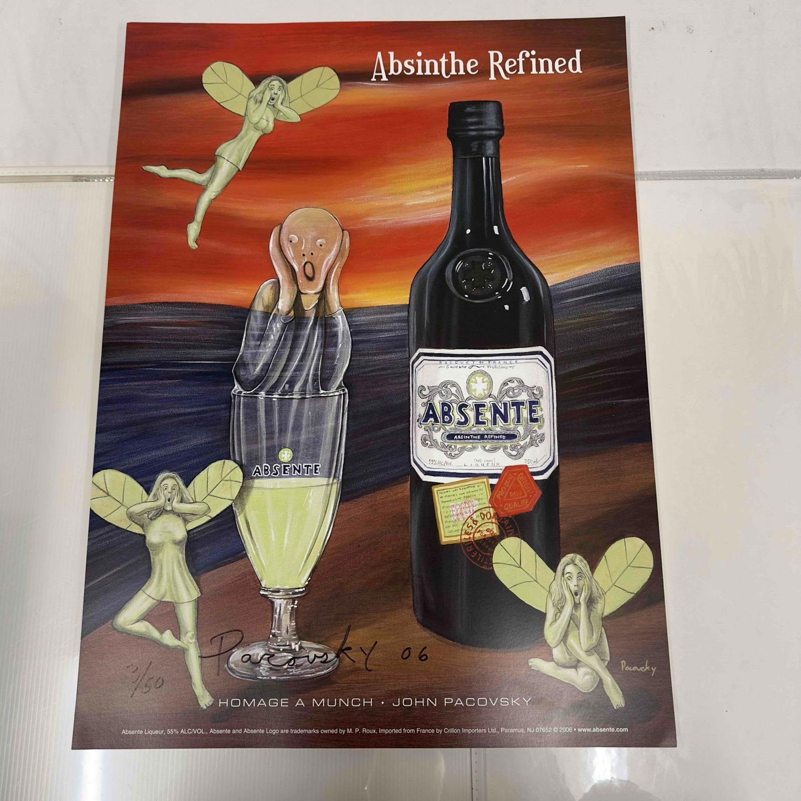 Absinthe Refined Ad Poster Homage A Munch by John Pacovsky Hand Signed and Numbered 42: Absinthe Refined Ad Poster Homage A Munch by John Pacovsky Hand Signed and Numbered 42. This set includes forty two (42) hand signed and numbered posters by John Pacovsky. Limited Edition 50, from 200