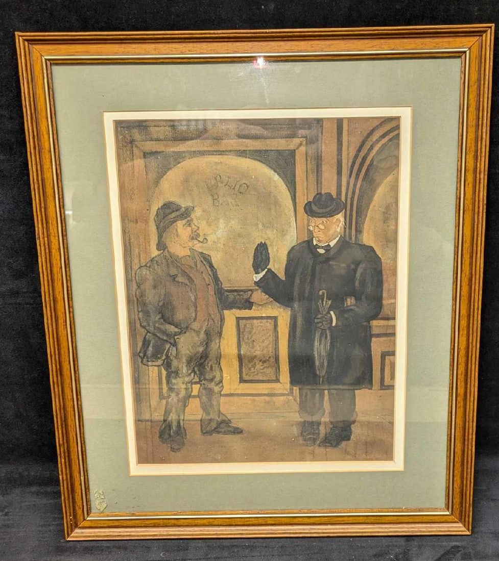 Framed Antique Watercolor Two Gentlemen At A Pub Original: Framed Antique Watercolor Two Gentlemen At A Pub Original. This framed original is approx 15 1/2" x 3/4" x18 3/4" and it weighs 3.20lbs. The frame has some chips and residue. The back has a Christie's