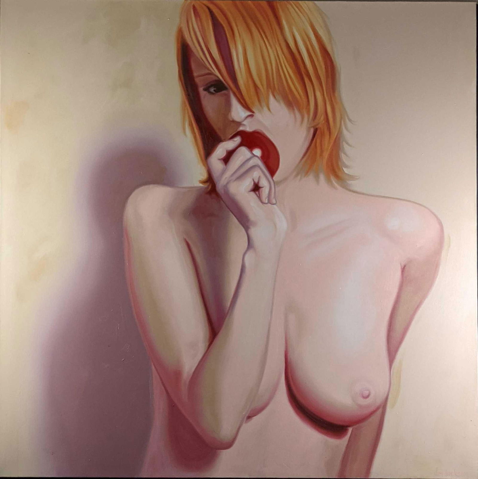 Acrylic On Canvas Jim Jackson Nude Girl With Apple: Original Acrylic On Canvas Of A Nude Woman With An Apple. Was originally painted by Orlando native Jim Jackson. This original is approx 48" x 1 1/2" x 47 3/4" and it weighs 8lbs. The original is