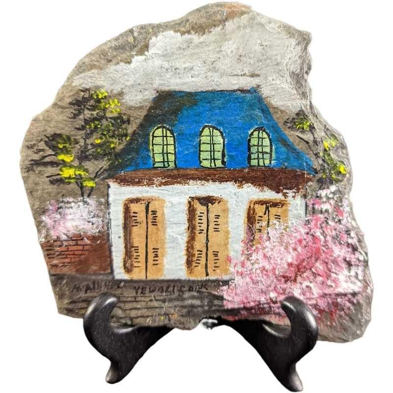 Hand Painted House With Trees Rock Slate Art: Hand Painted House With Trees Rock Slate Art. Is signed by the artist on the bottom edge. Also comes with a stand. The slate is approx 6" x 5 1/2" and the stand (folded up) is 2 1/4" x 3/8" x 4" and t